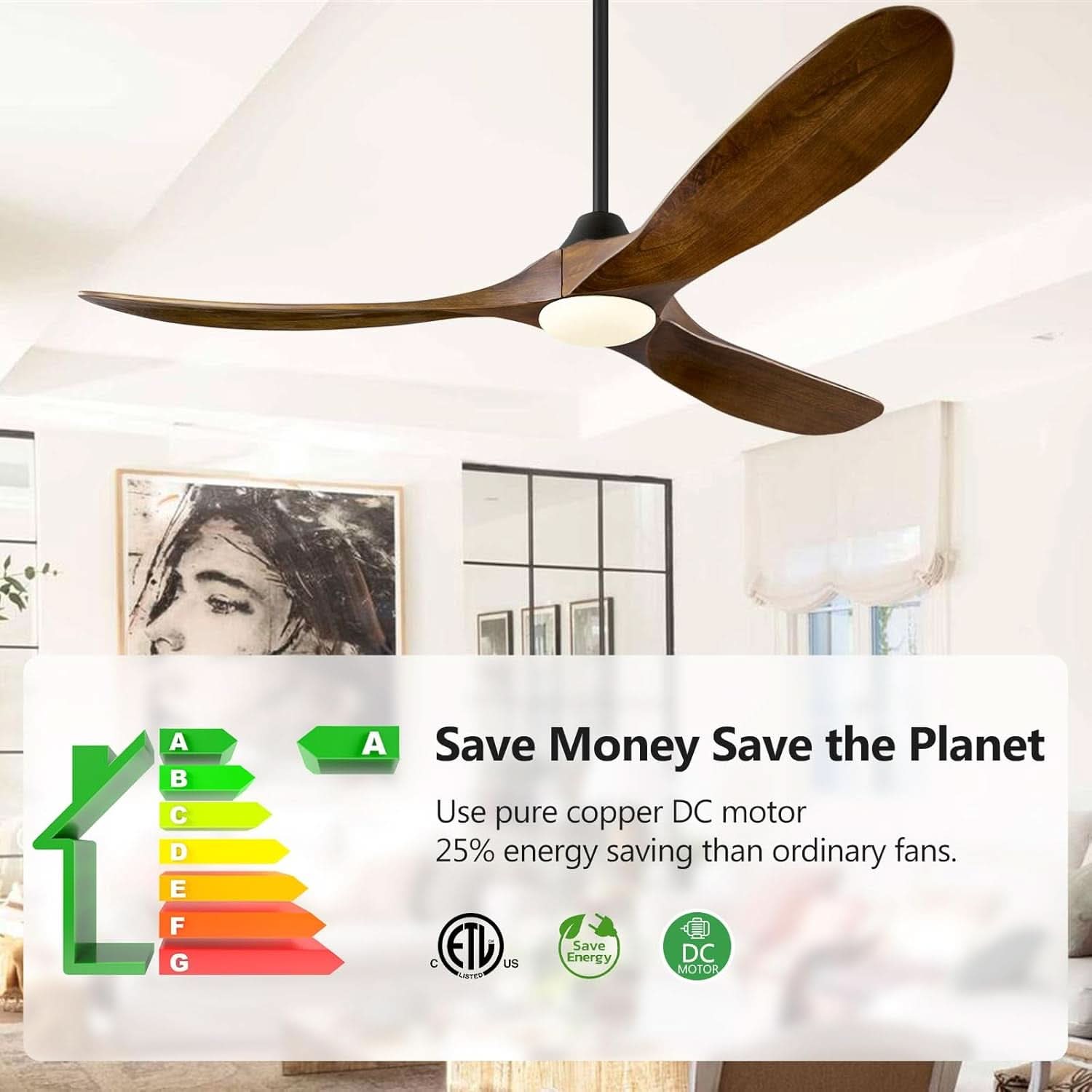 60 Inch Walnut Ceiling Fan With Dimmable LED Lighting