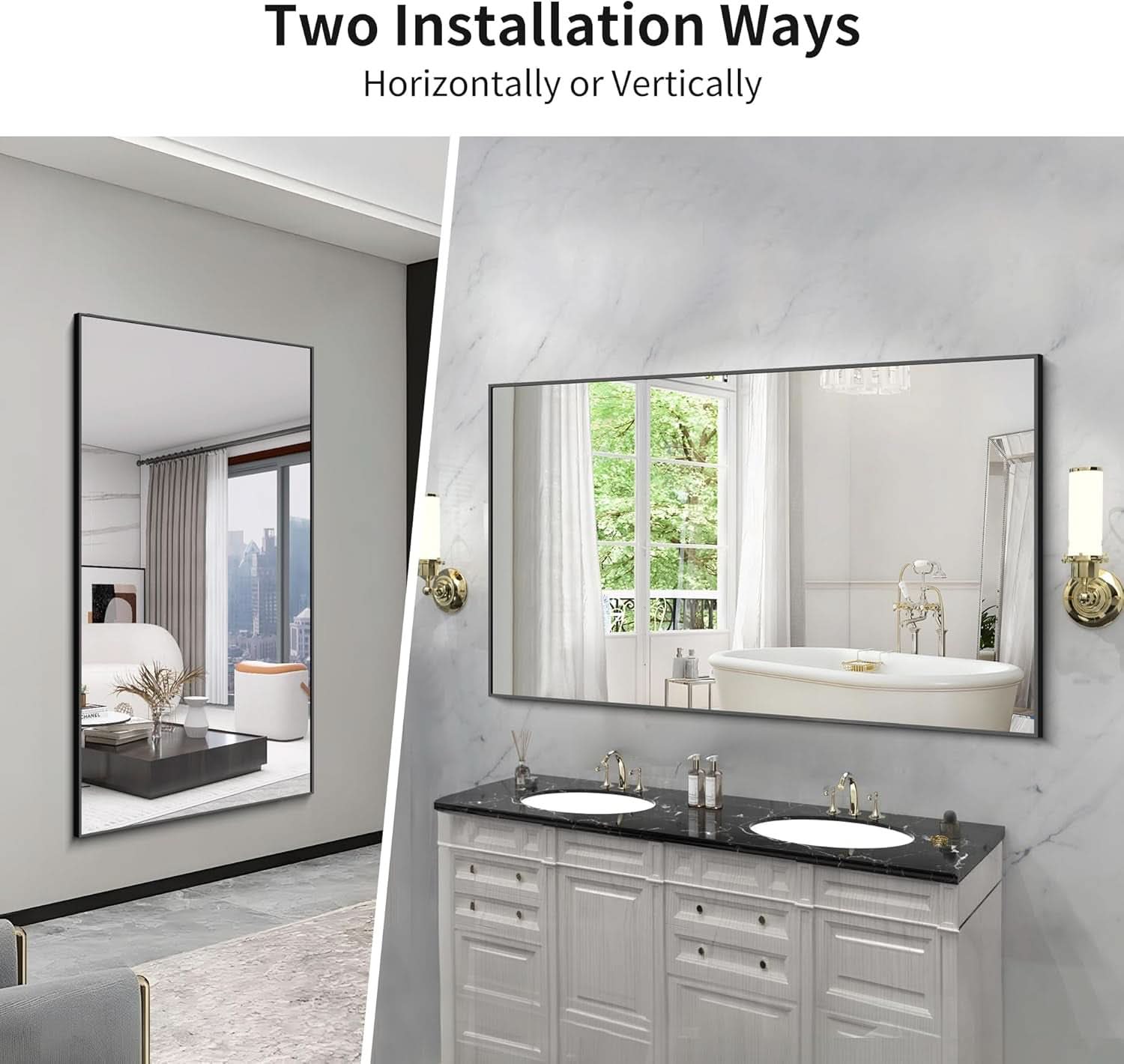 60X36 Inch Black Wall Mounted Bathroom Mirror Home Decor
