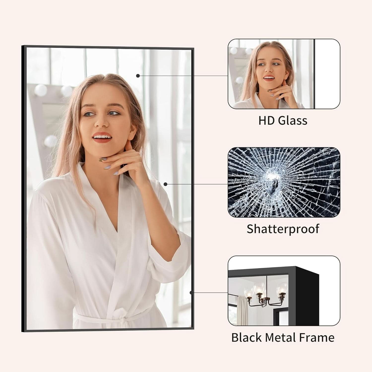 60X36 Inch Black Wall Mounted Bathroom Mirror Home Decor