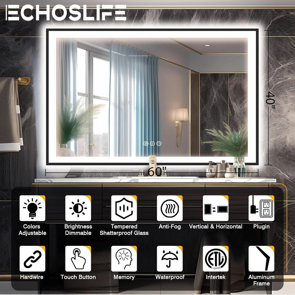 60X40 Matte Black LED Bathroom Mirror With Dimmable Lights