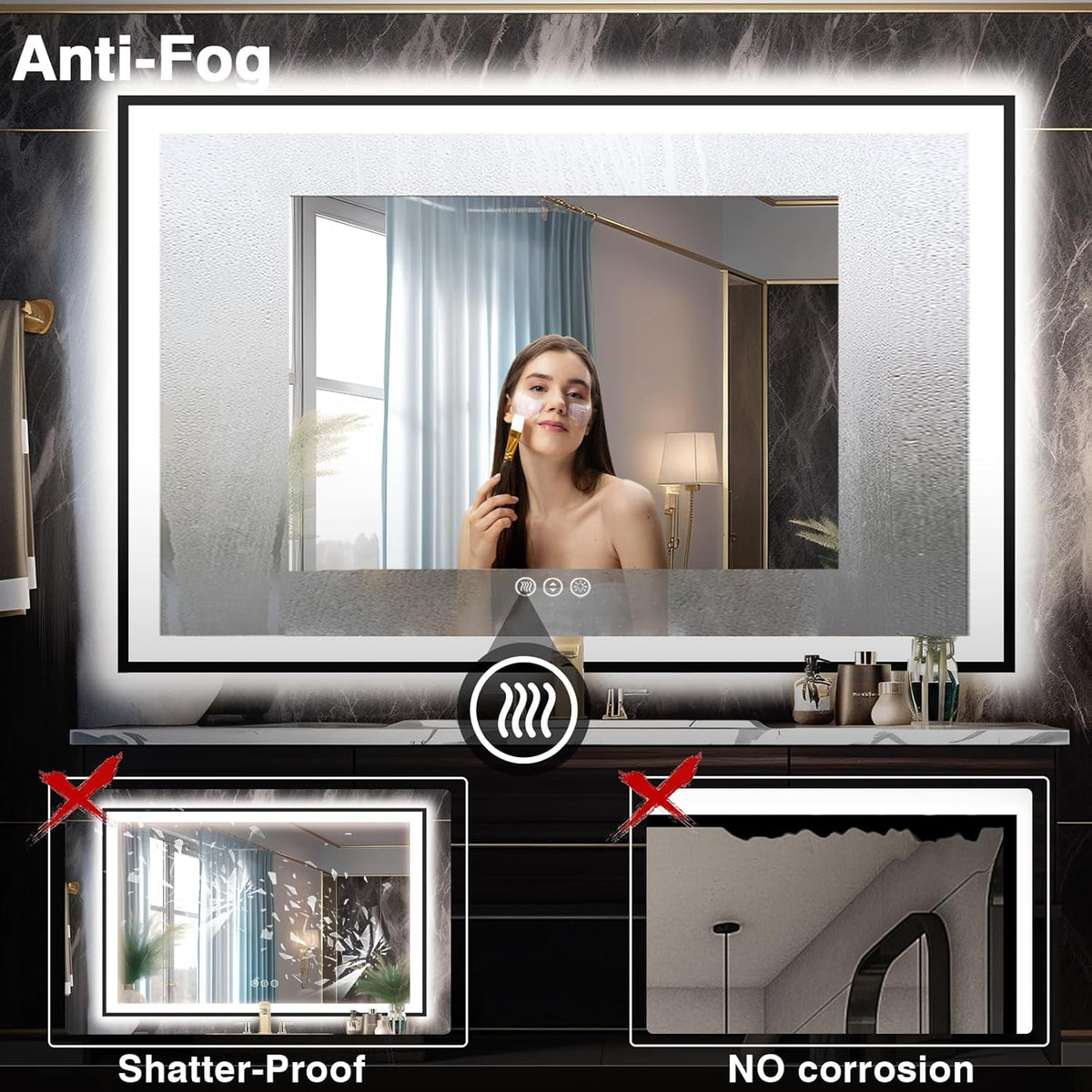 60X40 Matte Black LED Bathroom Mirror With Dimmable Lights