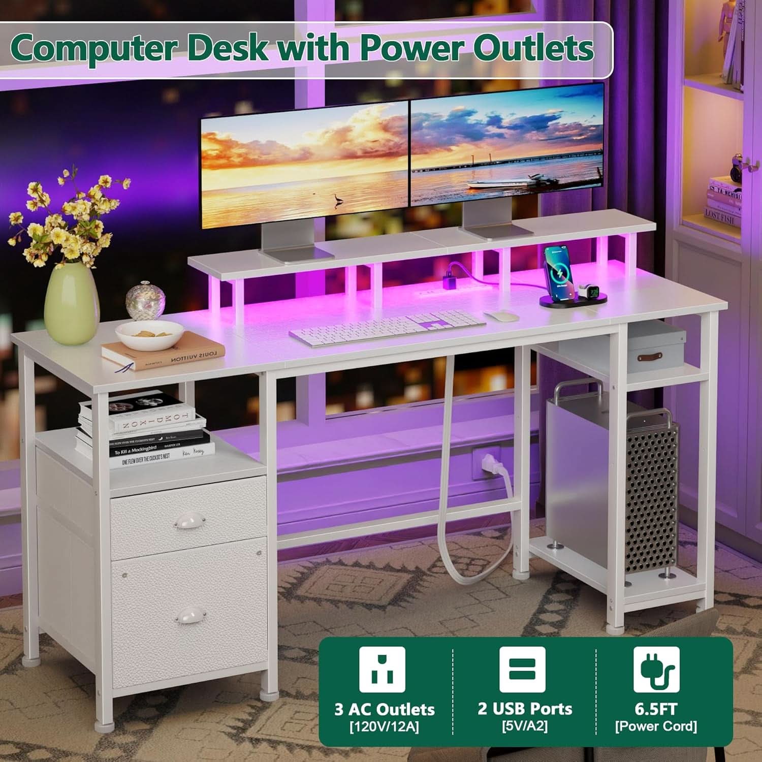 61 Inch Computer Desk With Integrated Power Outlet LED
