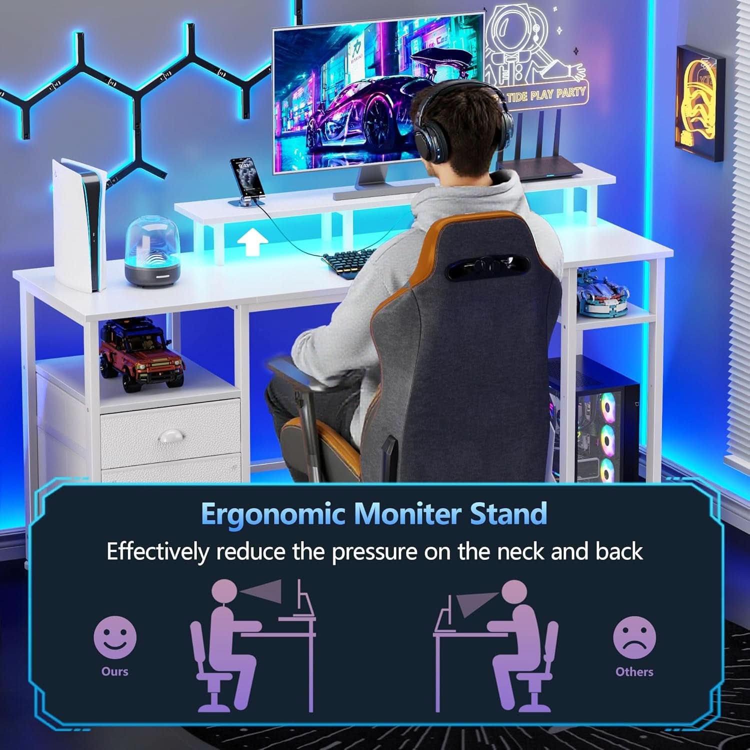 61 Inch Computer Desk With Integrated Power Outlet LED