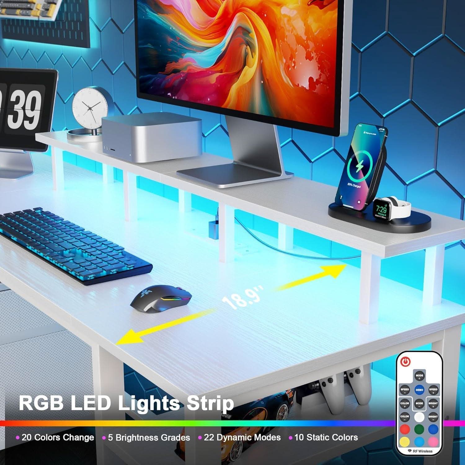 61 Inch Computer Desk With Integrated Power Outlet LED