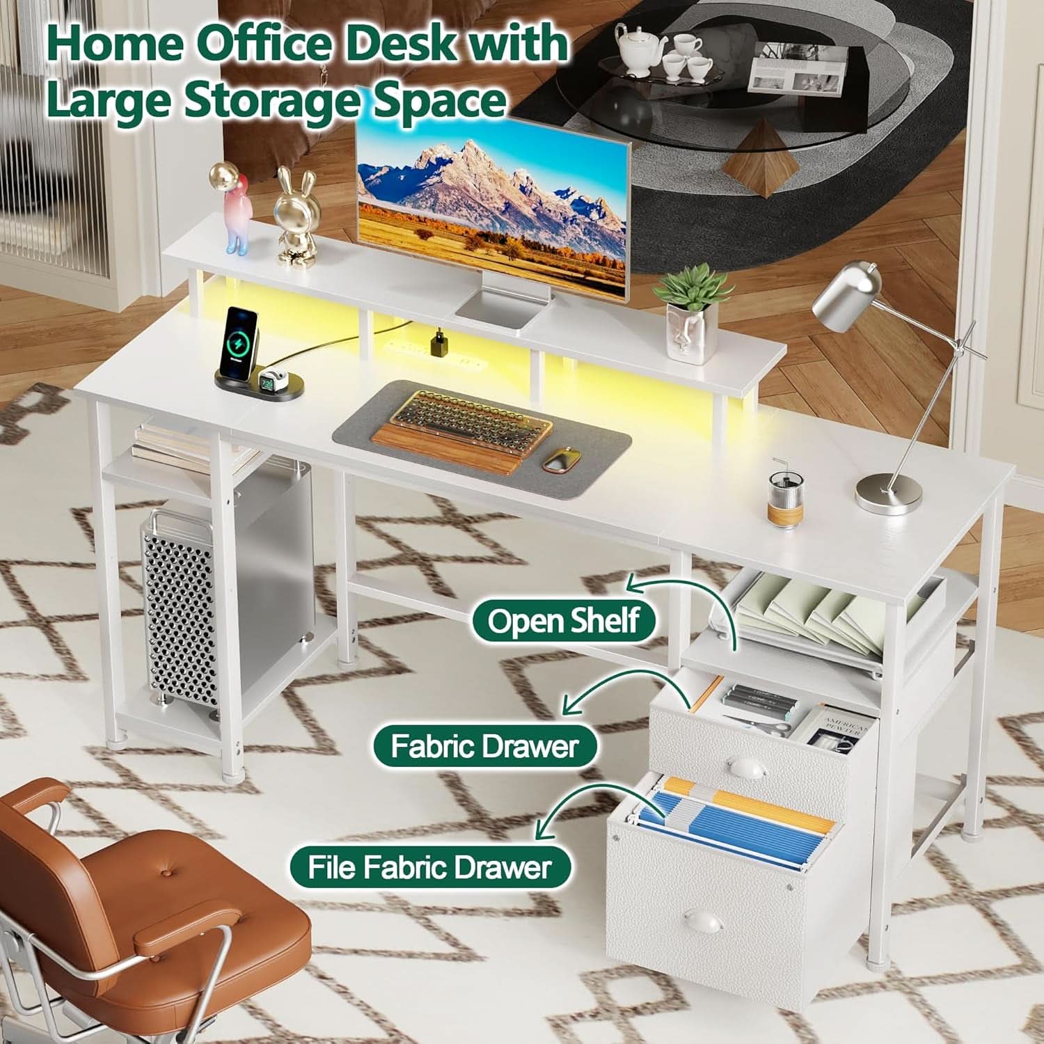 61 Inch Computer Desk With Integrated Power Outlet LED
