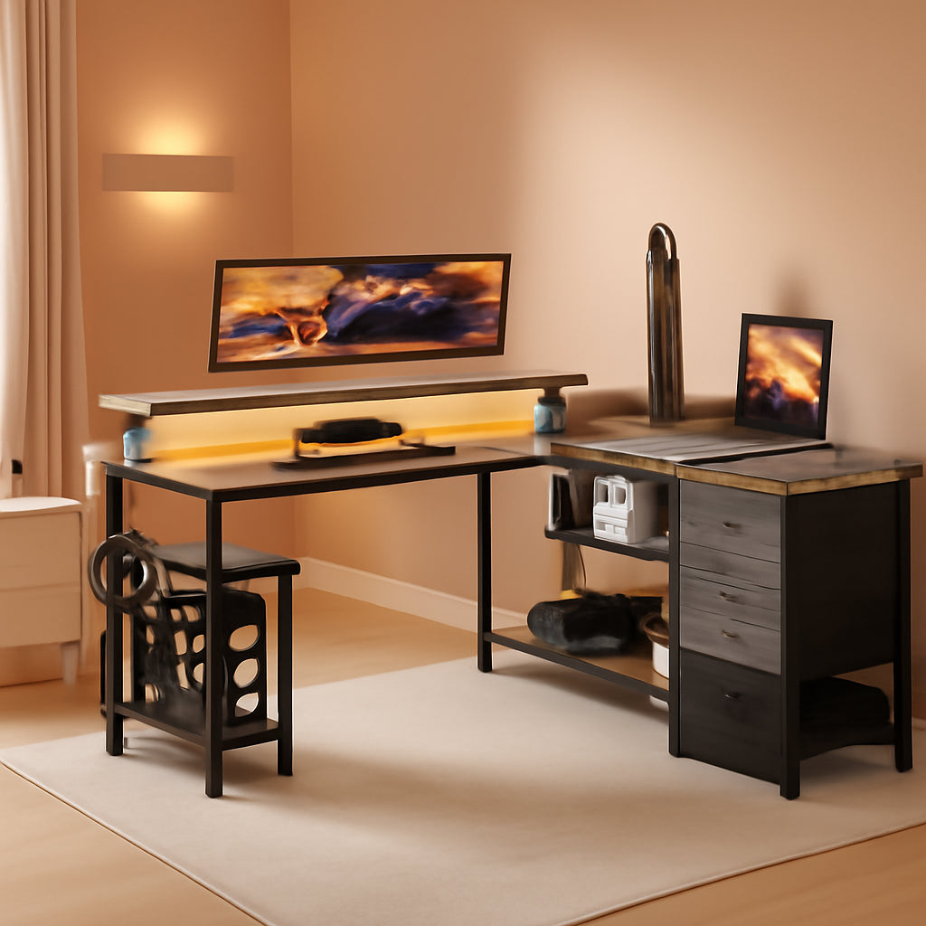 61 Inch L Shaped Desk With LED Lights And USB Outlets Gray