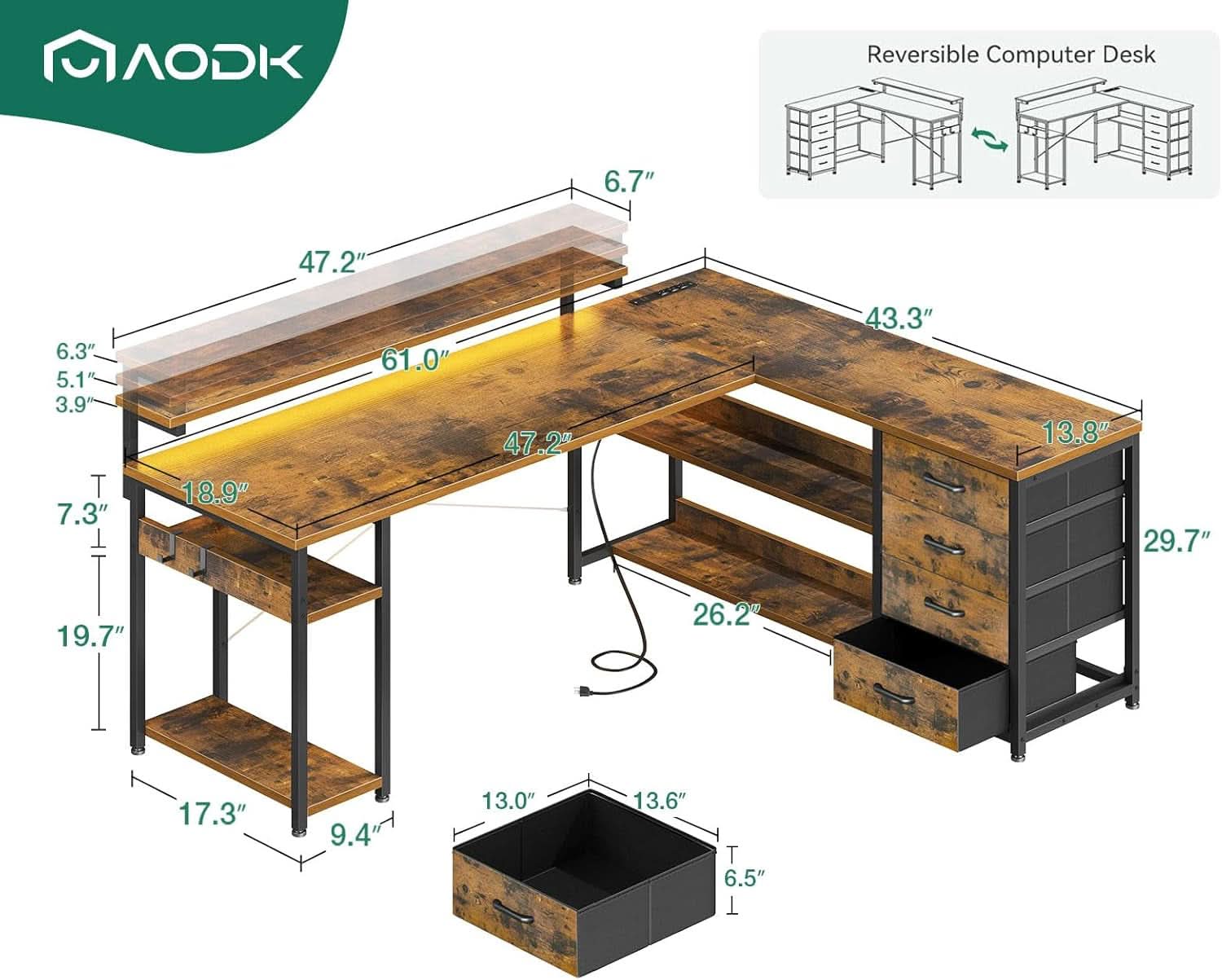 61 Inch L Shaped Desk With Power Outlets And LED Lights