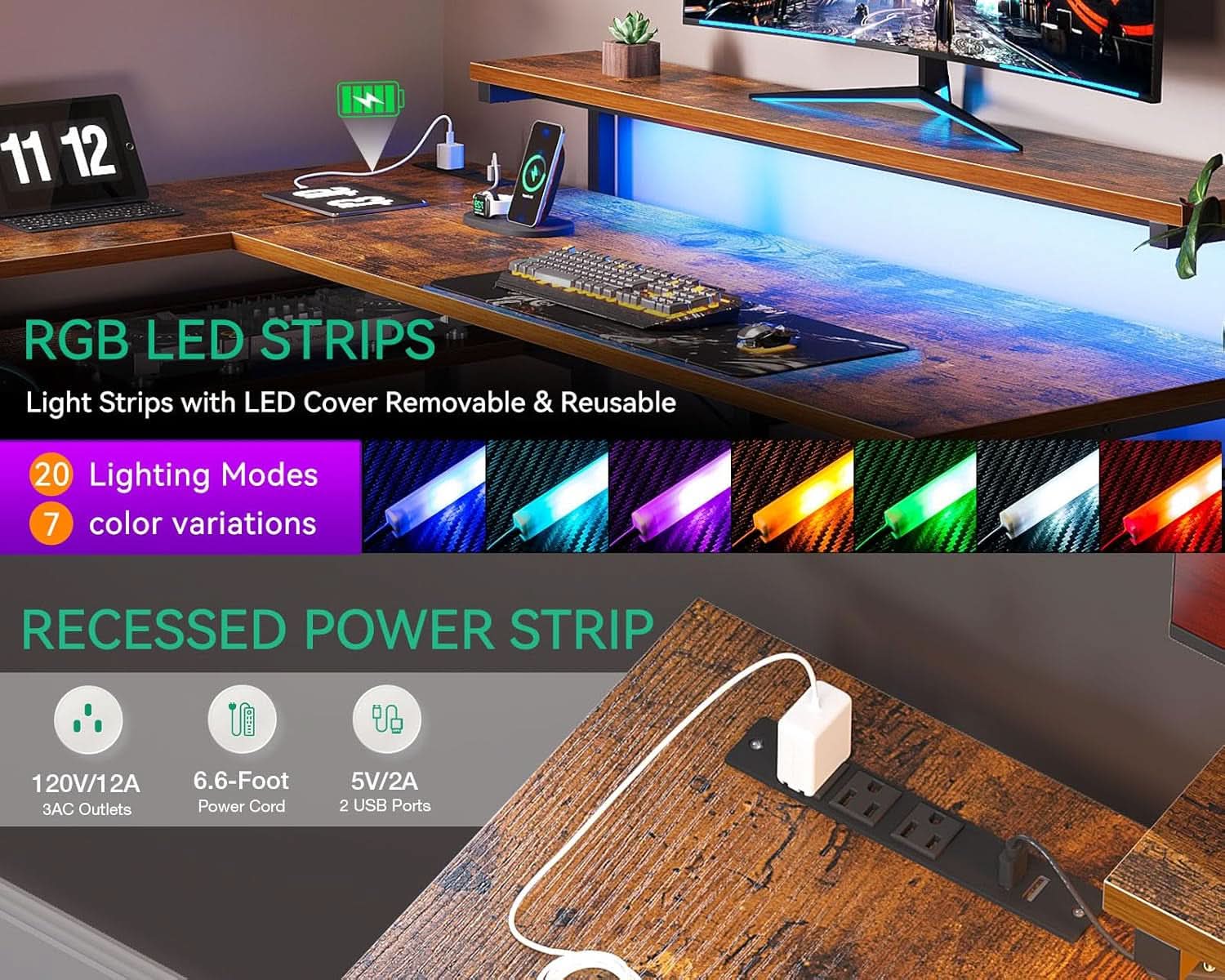 61 Inch L Shaped Desk With Power Outlets And LED Lights