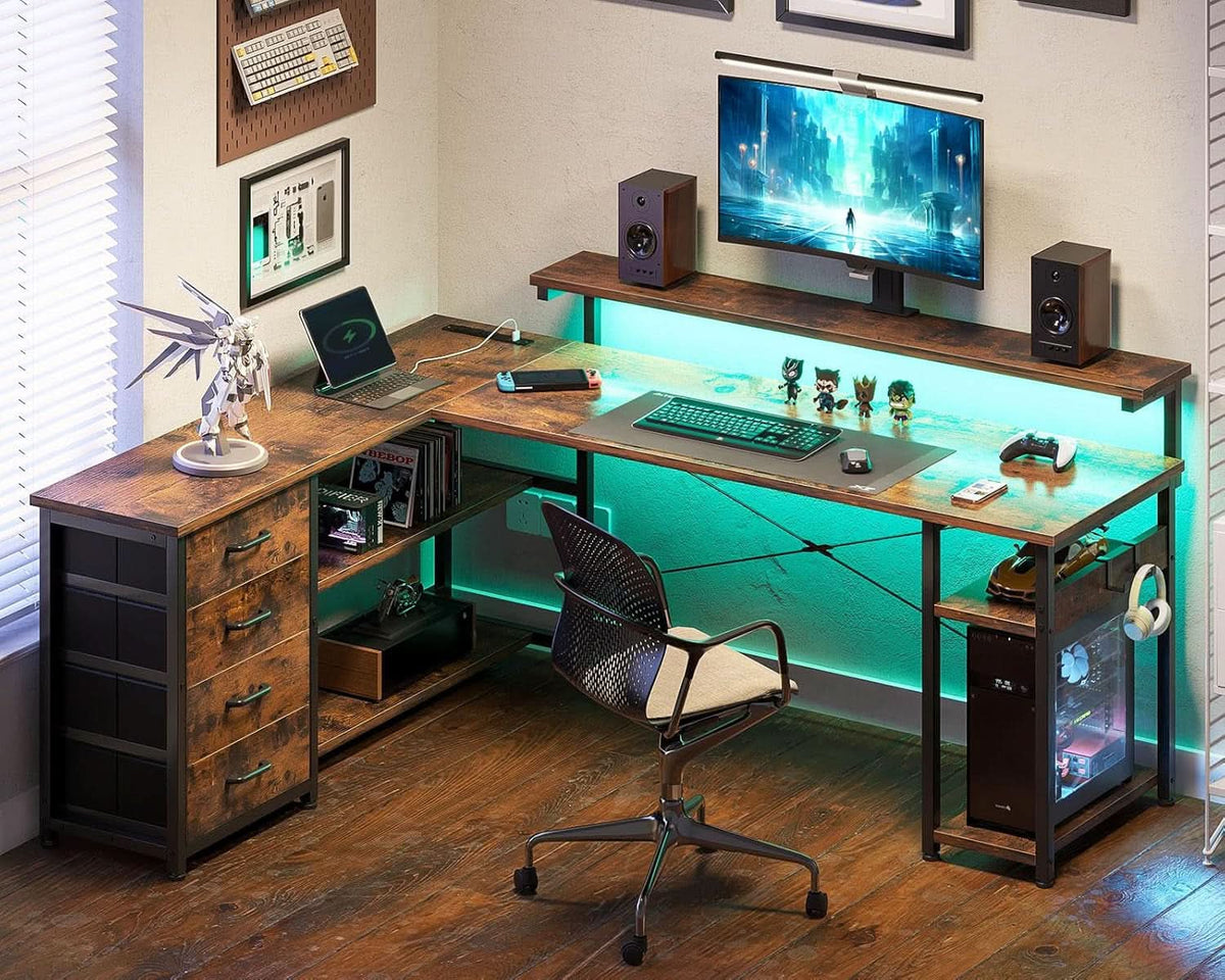 61 Inch L Shaped Desk With Power Outlets And LED Lights