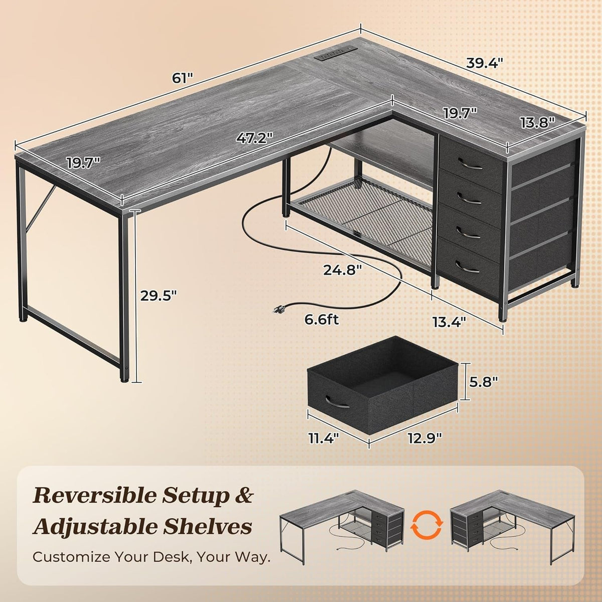 61 Inch L Shaped Desk With Power Outlets And USB C Port