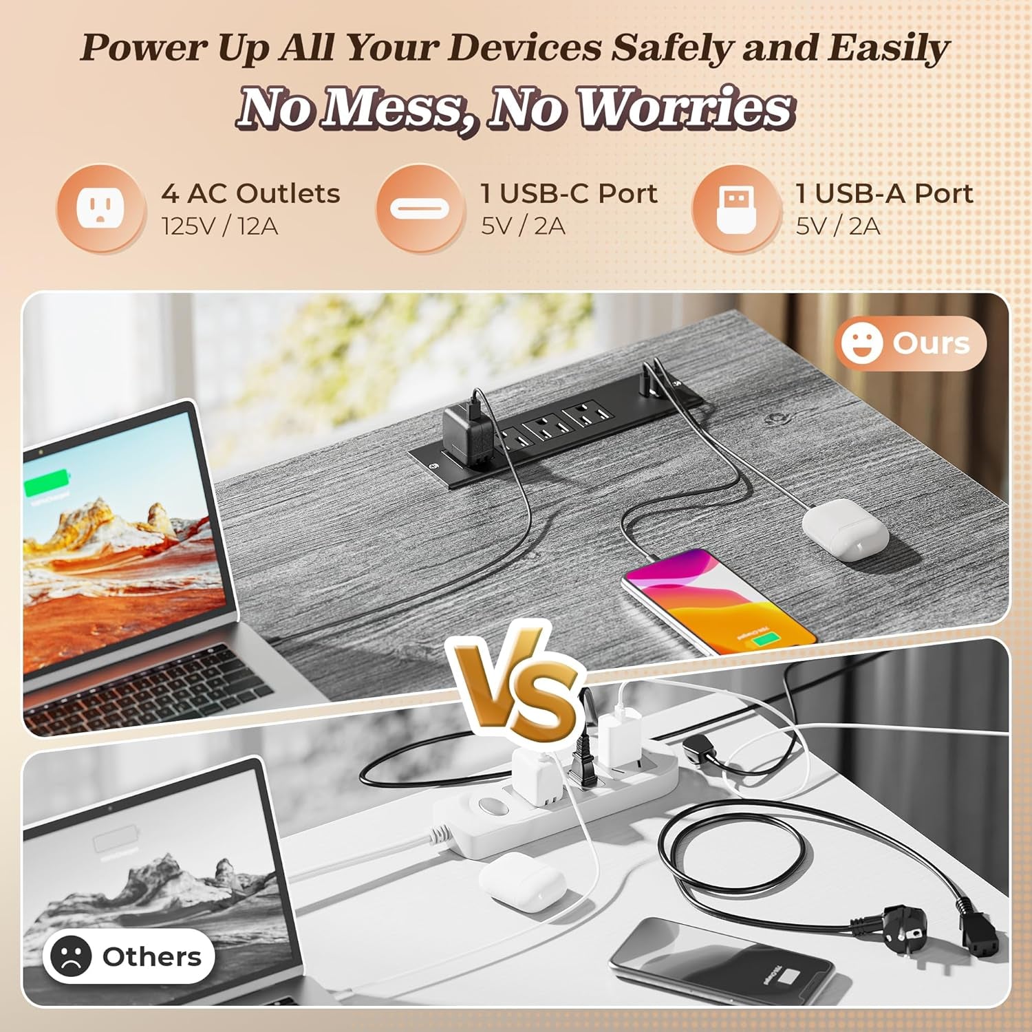 61 Inch L Shaped Desk With Power Outlets And USB C Port