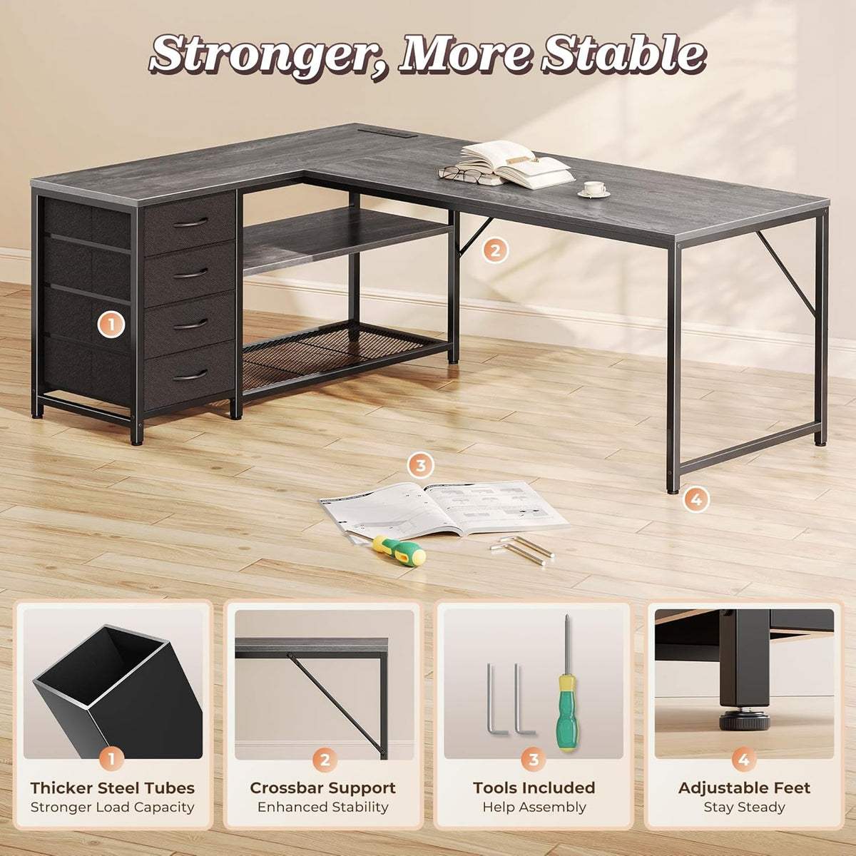 61 Inch L Shaped Desk With Power Outlets And USB C Port