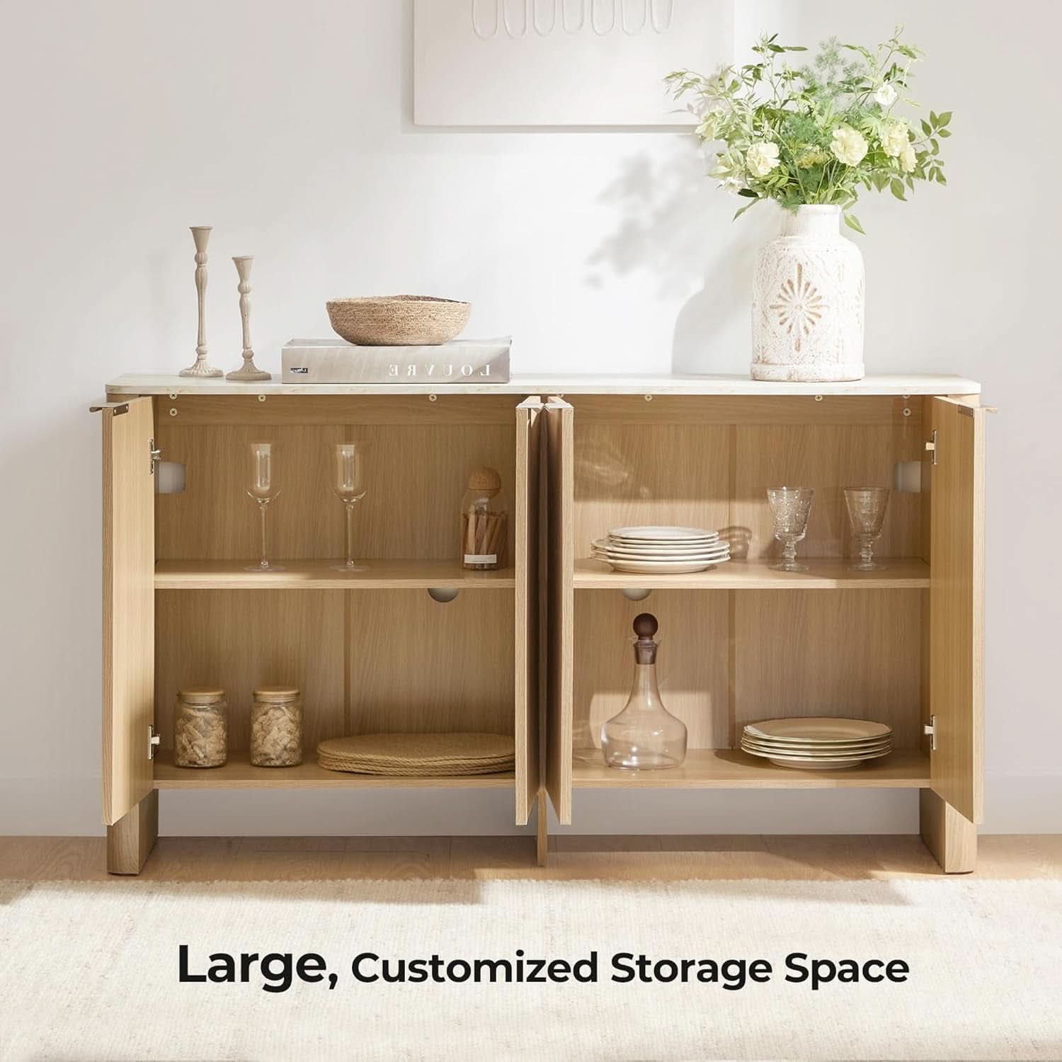 61 Inch Oak Sideboard Cabinet With Adjustable Shelves