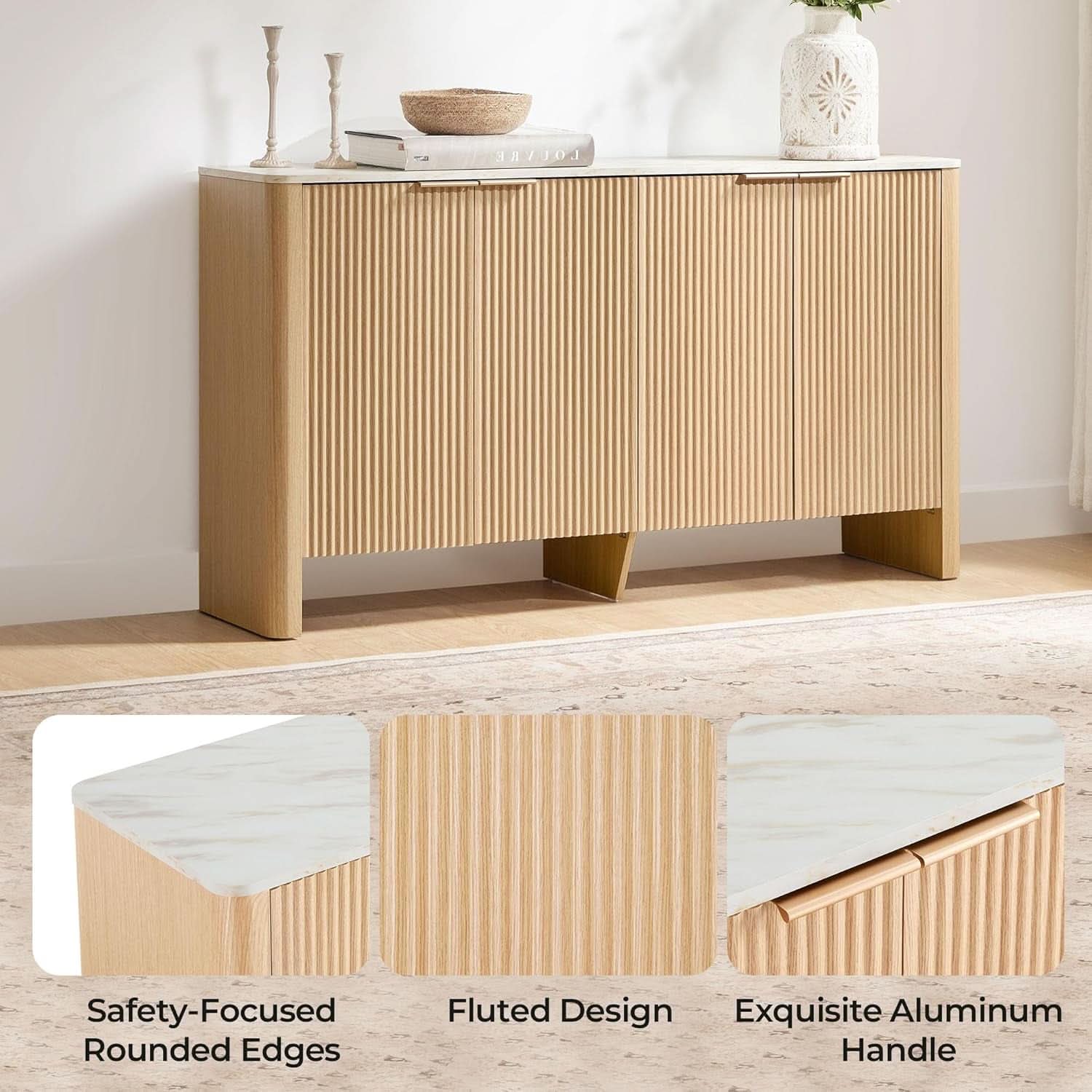 61 Inch Oak Sideboard Cabinet With Adjustable Shelves
