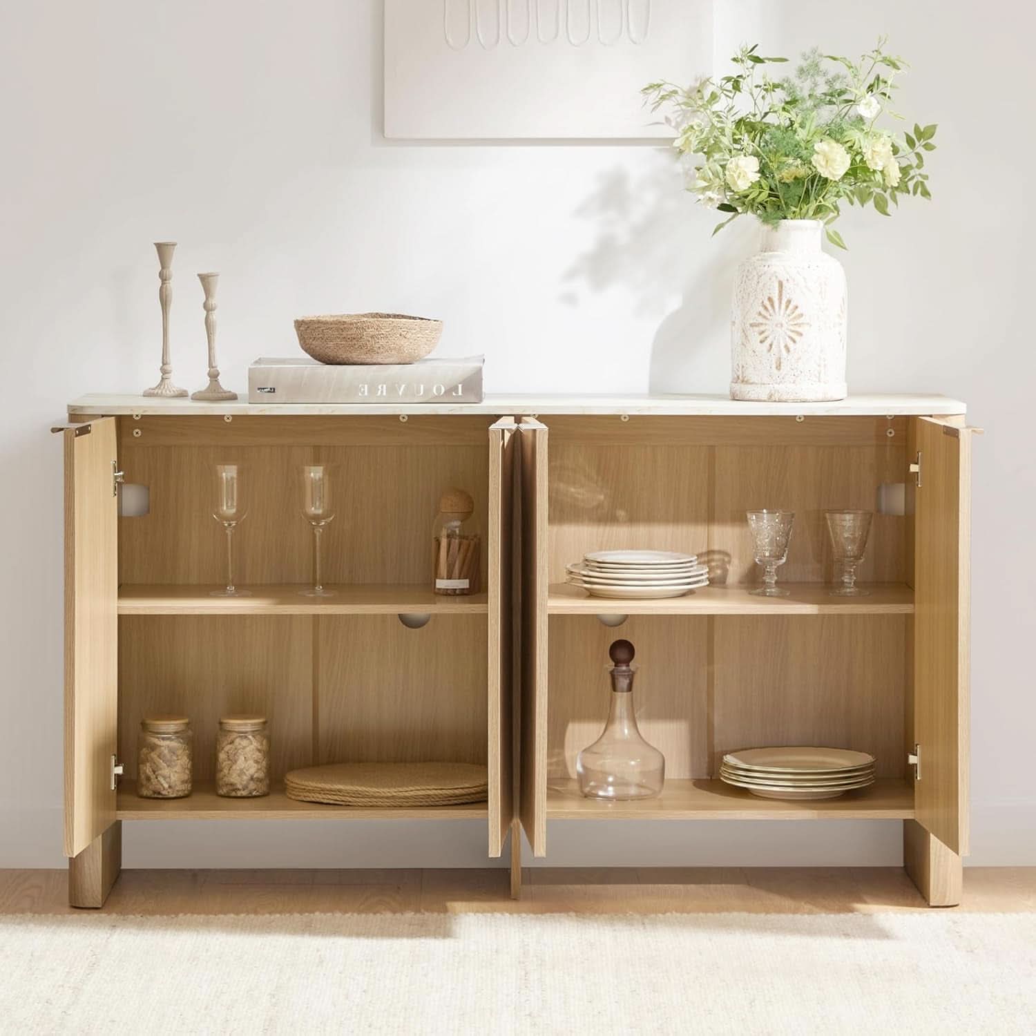 61 Inch Oak Sideboard Cabinet With Adjustable Shelves