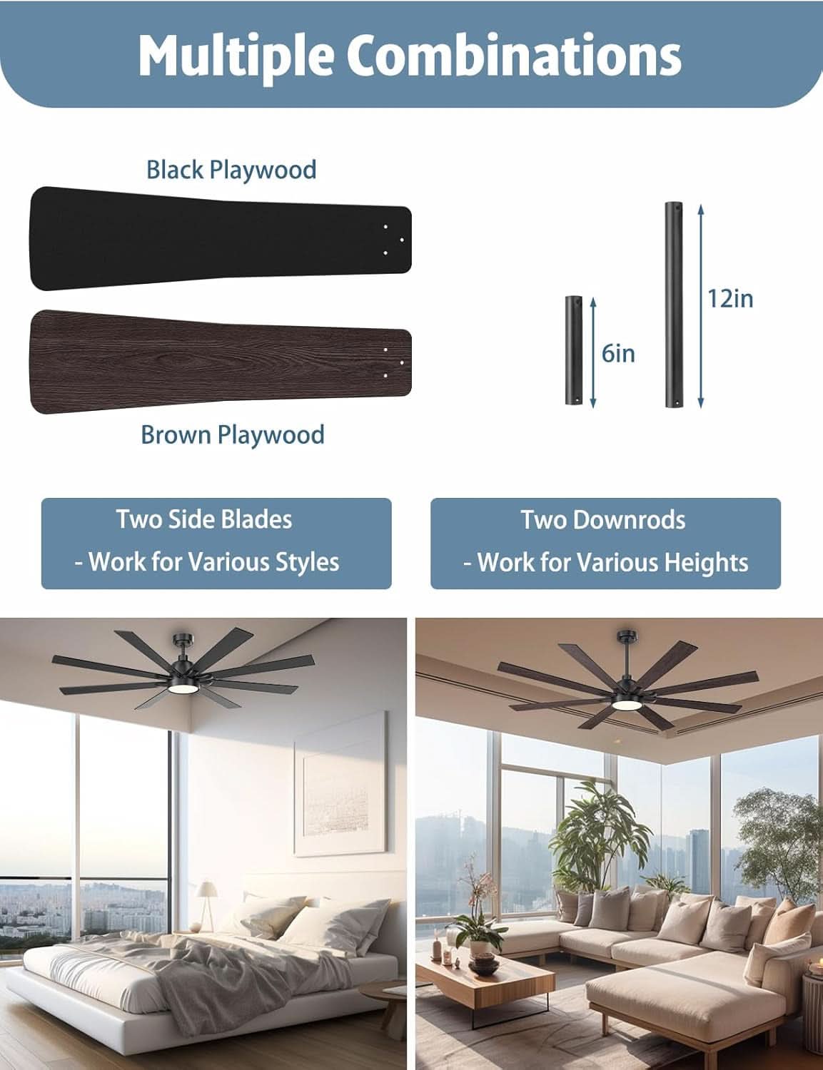 62 Inch Ceiling Fan With Remote Matte Black Wood Finish