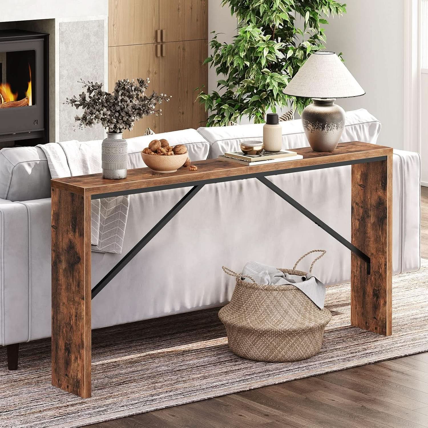62 Inch Long Rustic Brown Console Table For Entryway