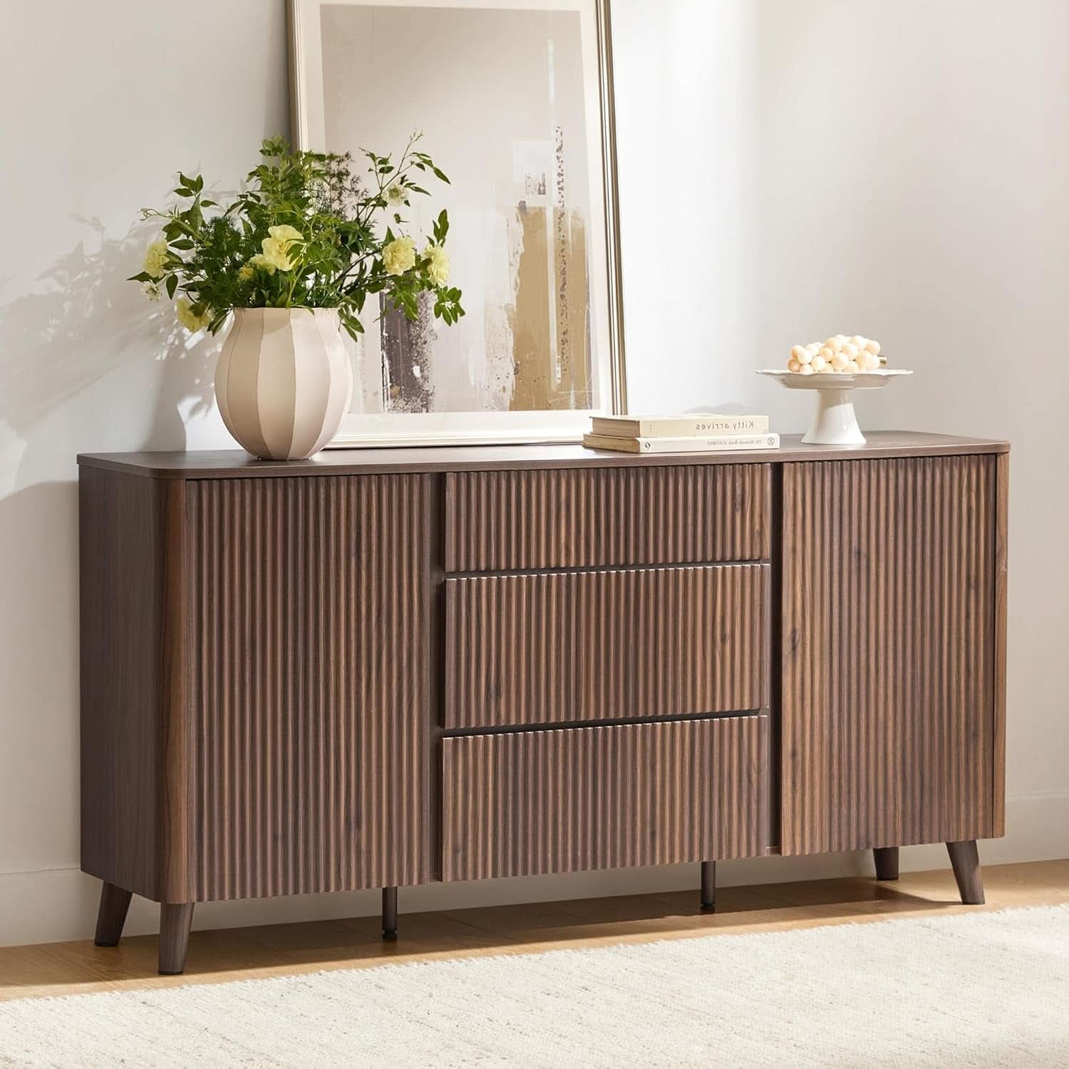62 Inch Walnut Sideboard Buffet With Adjustable Shelves