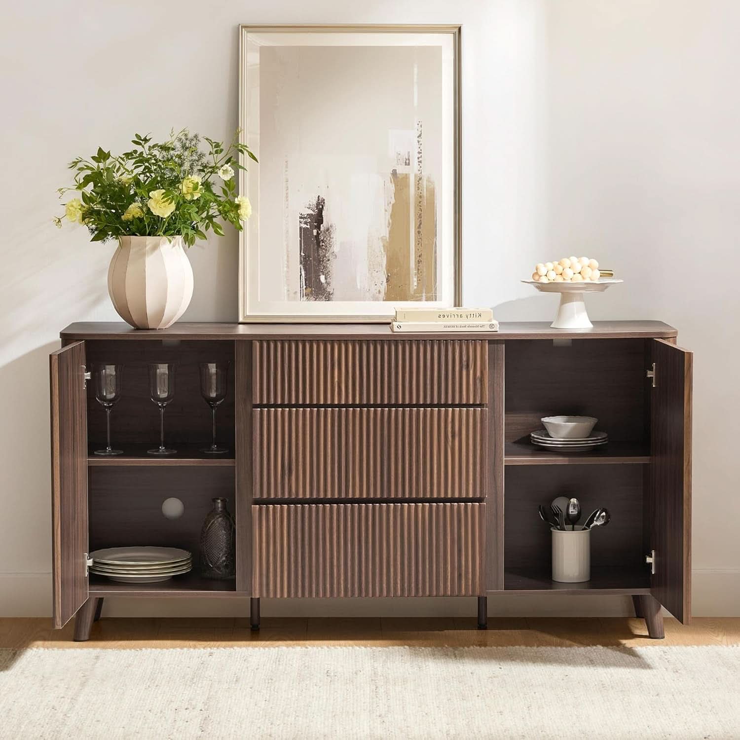 62 Inch Walnut Sideboard Buffet With Adjustable Shelves