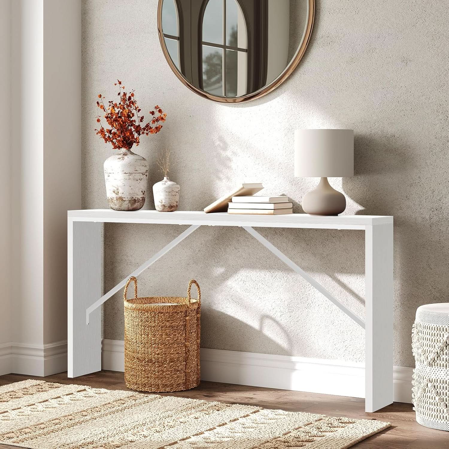 62.2-Inch Industrial White Console Table With Metal Frame