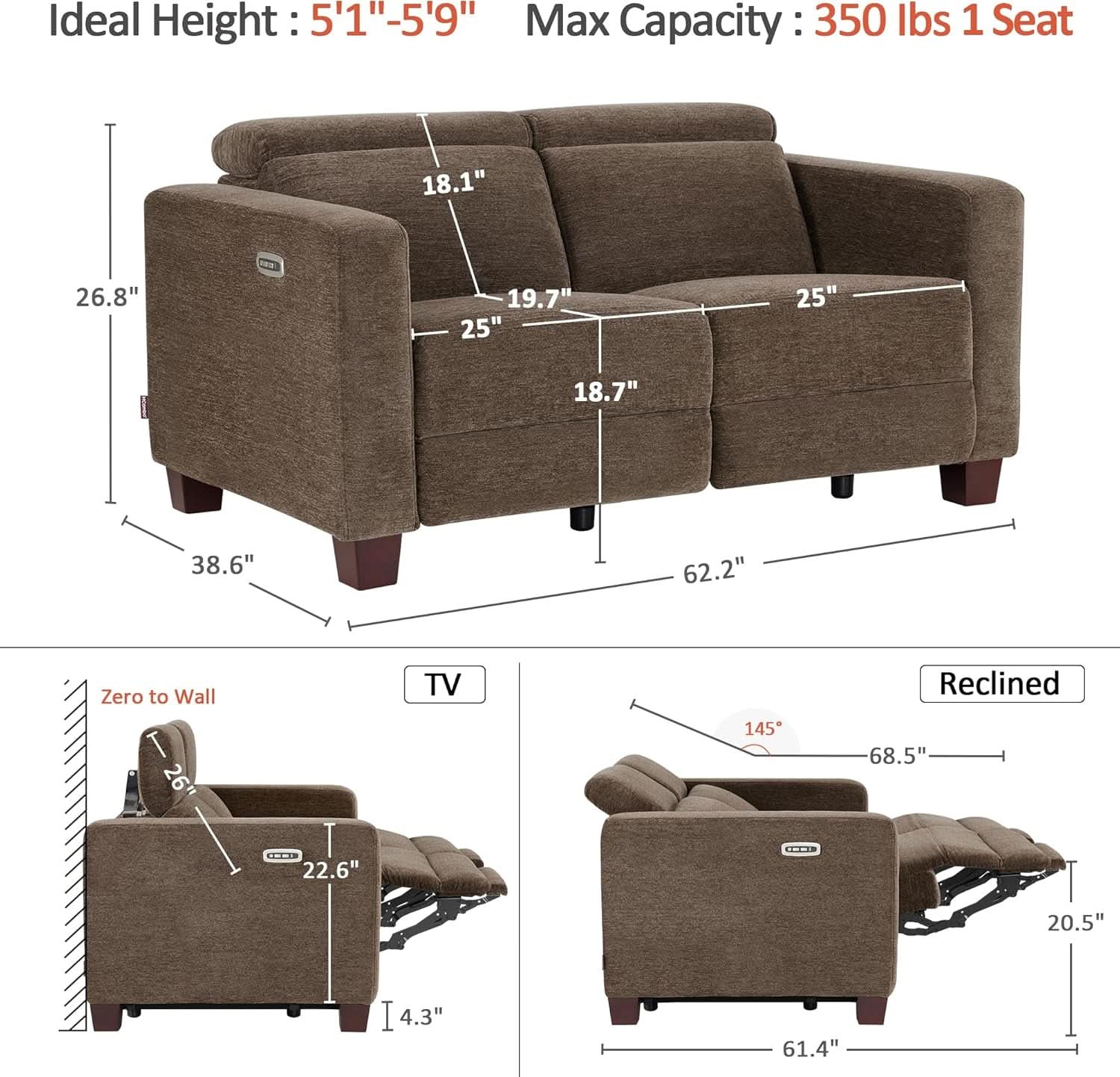62.2 Inch Wall Hugger Power Loveseat Recliner with Adjustable Headrest and USB Ports in Coffee Fabric