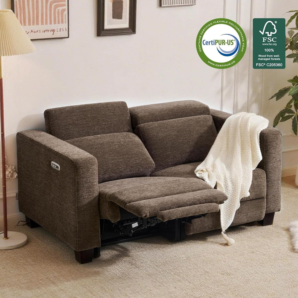 62.2 Inch Wall Hugger Power Loveseat Recliner with Adjustable Headrest and USB Ports in Coffee Fabric
