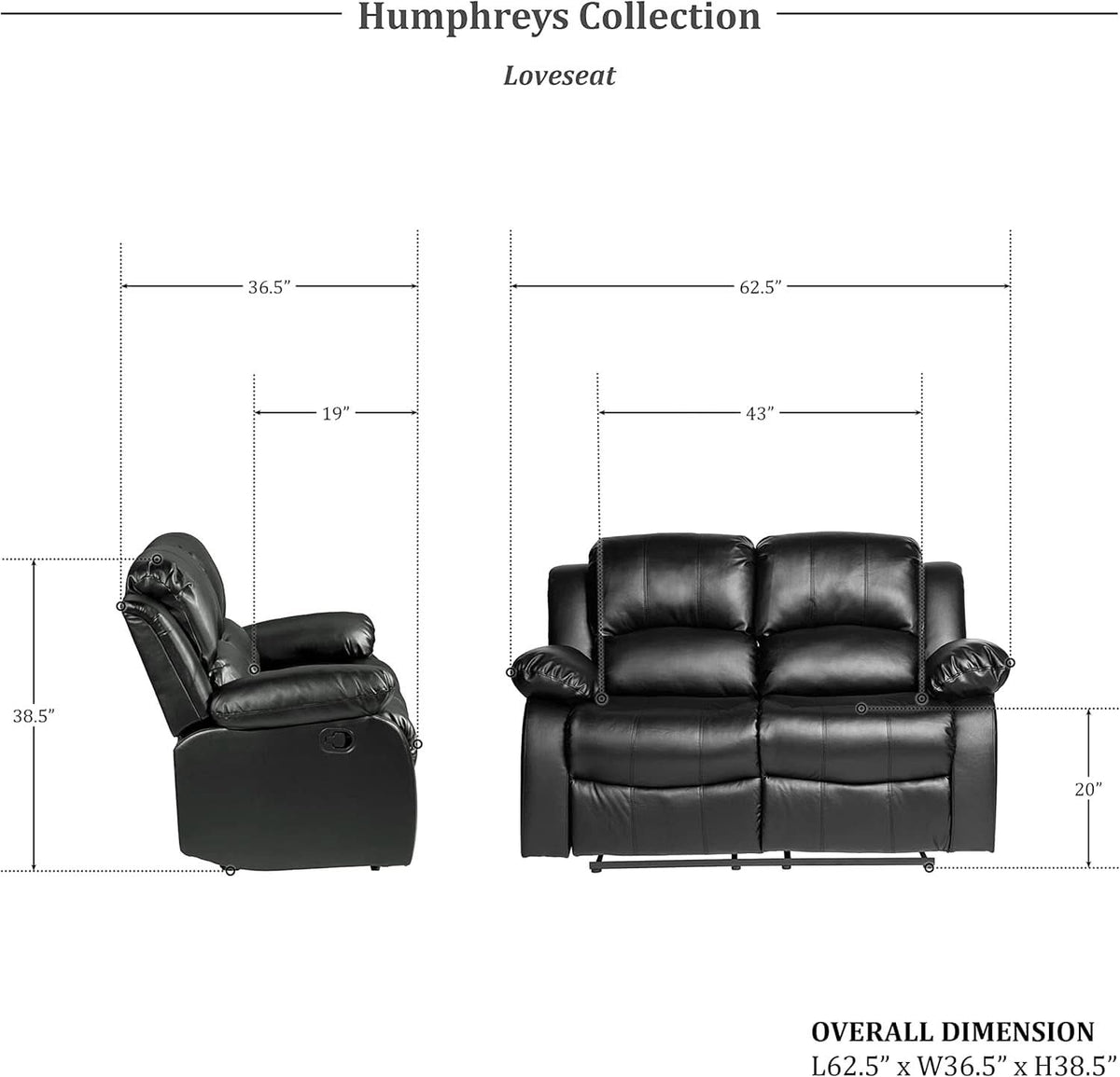 62.5 Inch Black Wall Hugger Recliner Loveseat Modern