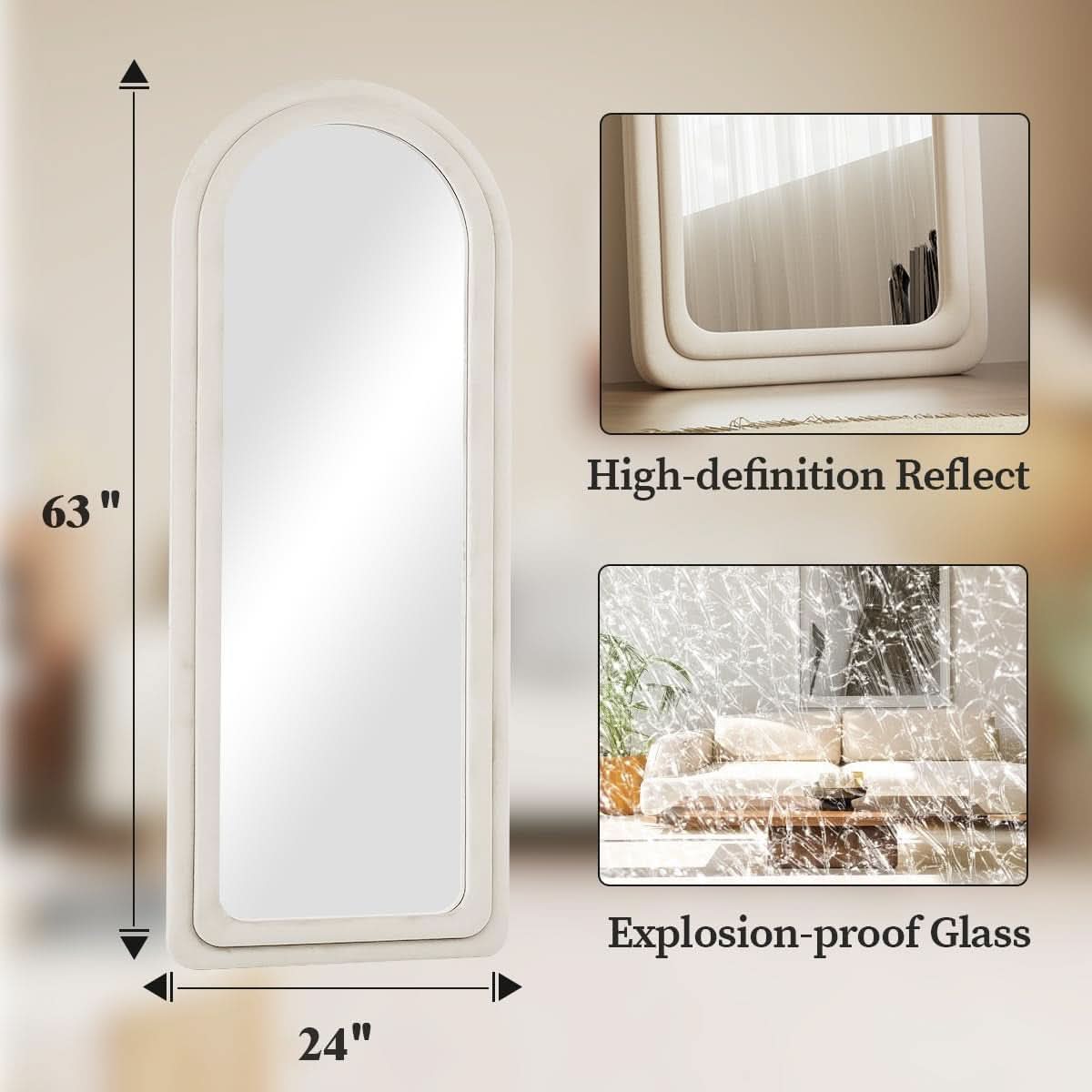 63 By 24 Inch Arched Full Length Freestanding Floor Mirror White