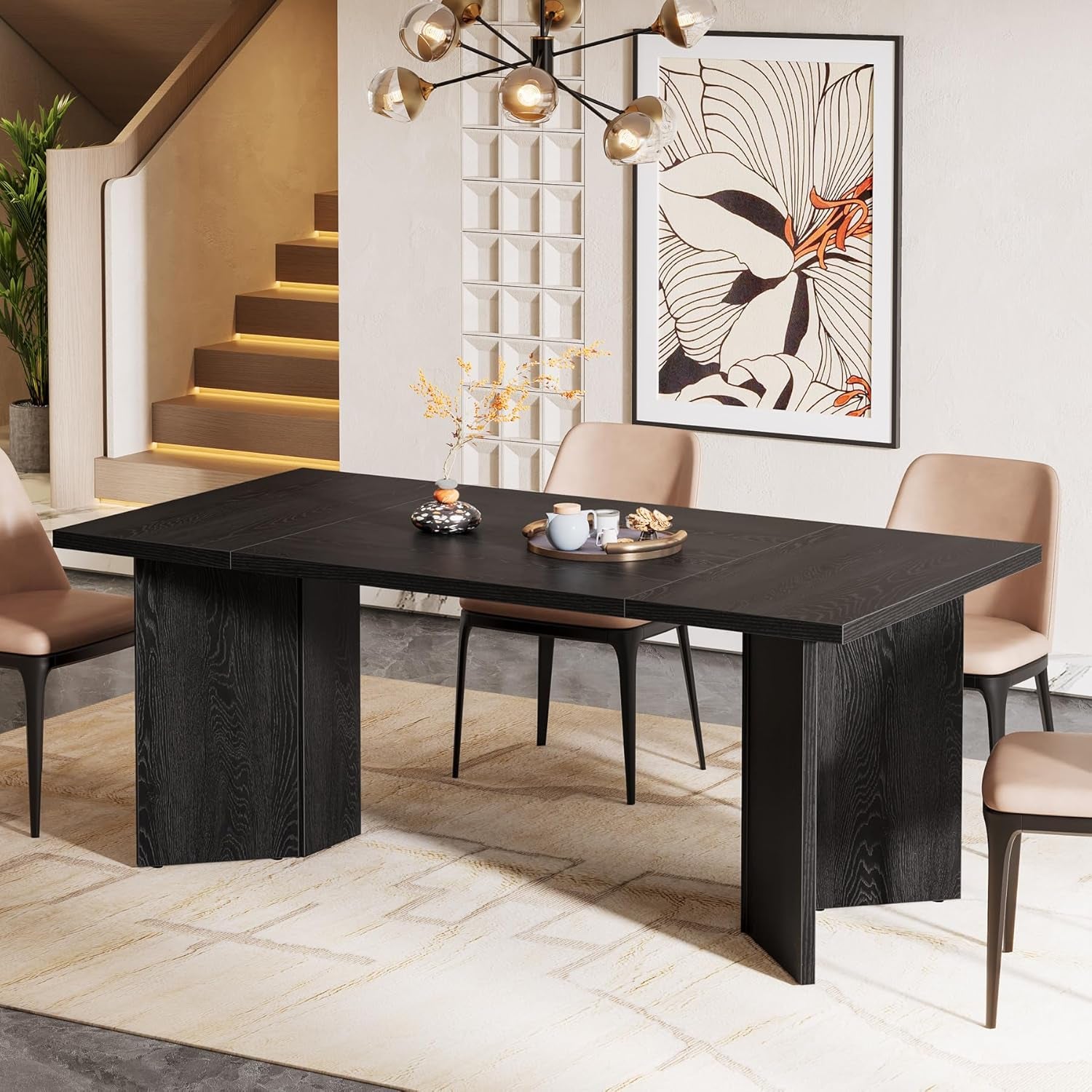 63 Inch Black Dining Table With Wood Base Seats 4 To 6
