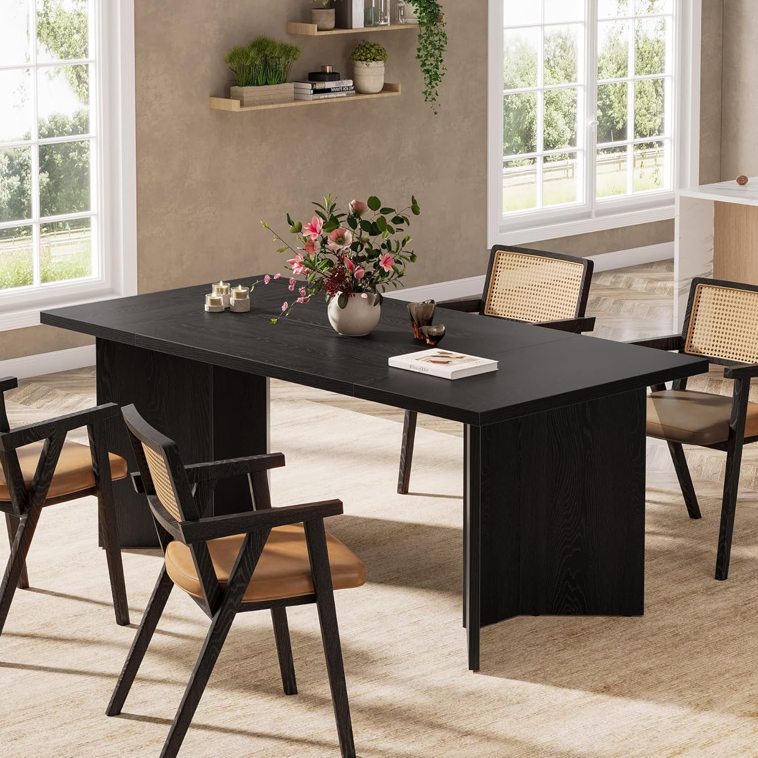 63 Inch Black Dining Table With Wood Base Seats 4 To 6