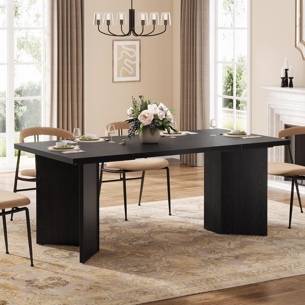 63 Inch Black Dining Table With Wood Base Seats 4 To 6