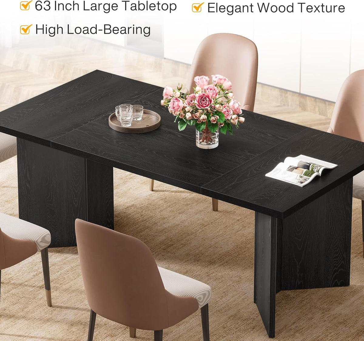 63 Inch Black Dining Table With Wood Base Seats 4 To 6