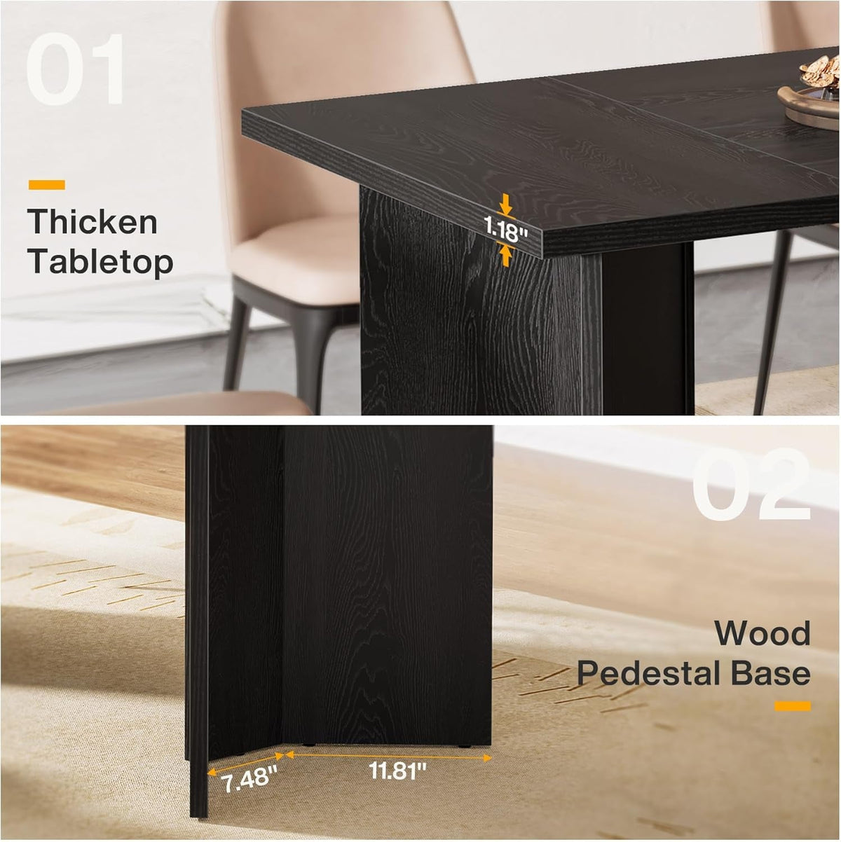 63 Inch Black Dining Table With Wood Base Seats 4 To 6