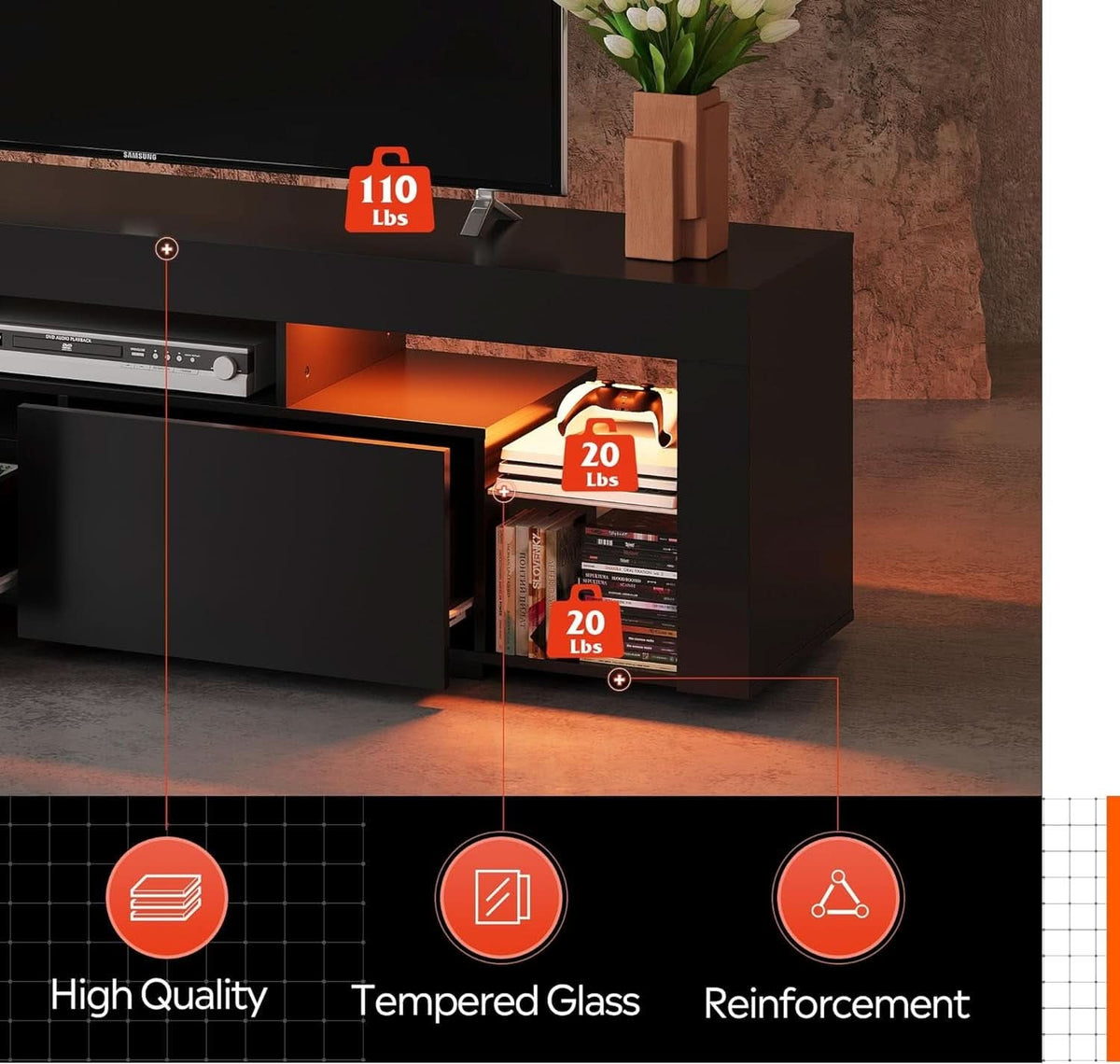 63 Inch Black LED TV Stand With 2 Drawers For Living Room