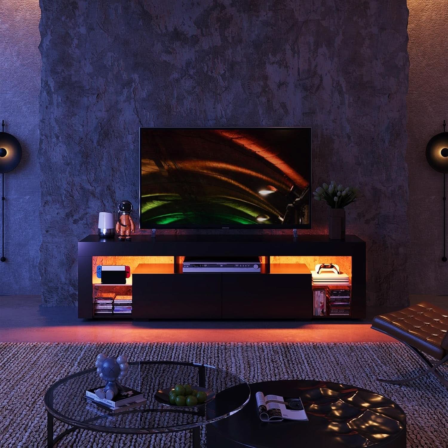 63 Inch Black LED TV Stand With 2 Drawers For Living Room