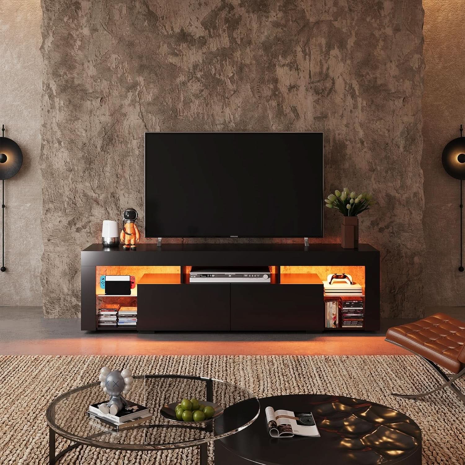 63 Inch Black LED TV Stand With 2 Drawers For Living Room