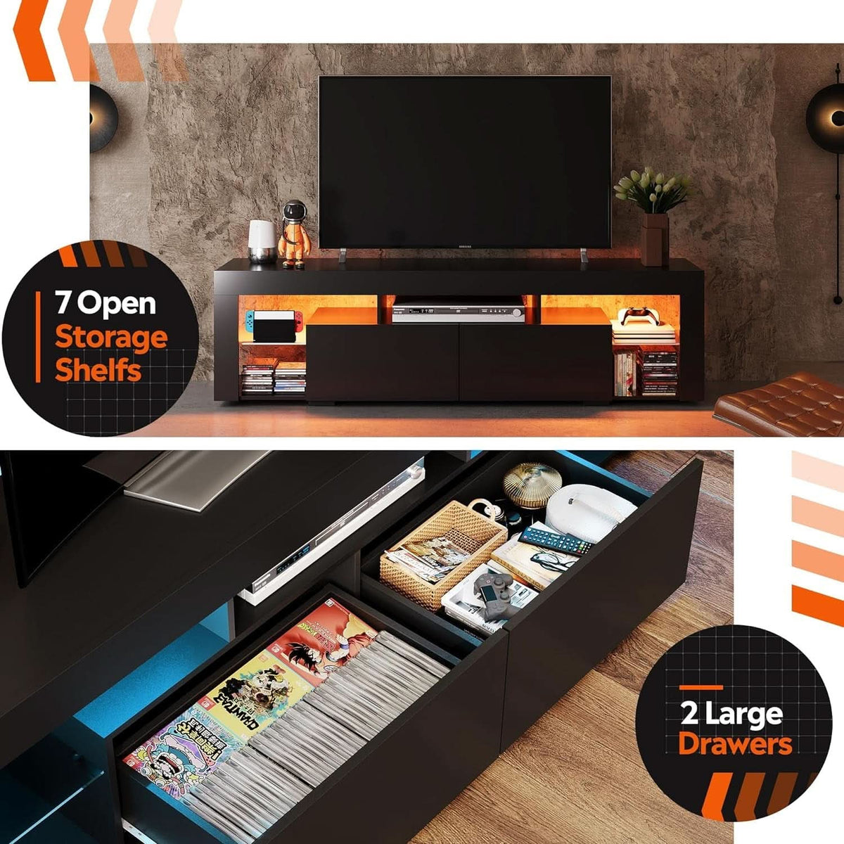 63 Inch Black LED TV Stand With 2 Drawers For Living Room