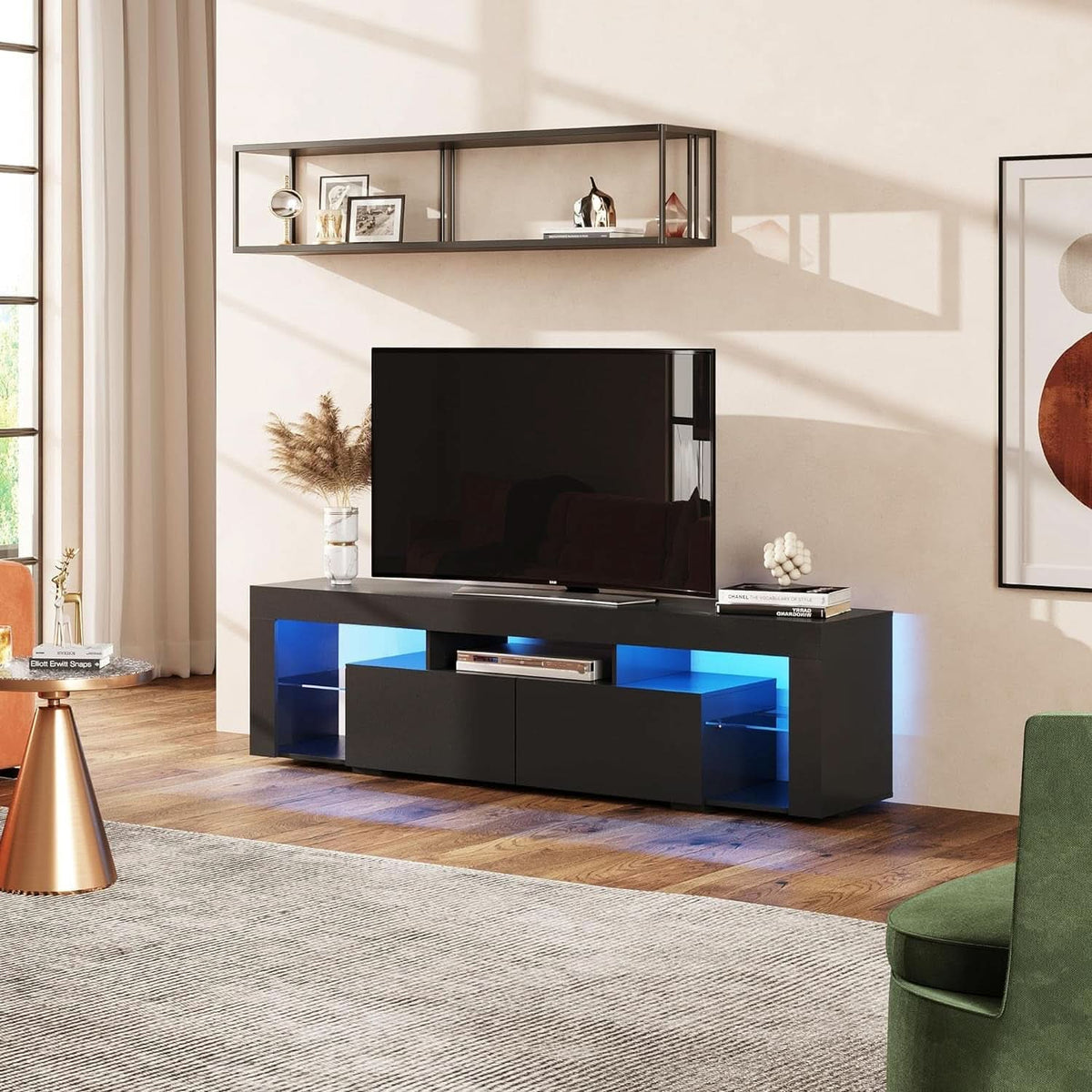 63 Inch Black LED TV Stand With 2 Drawers For Living Room