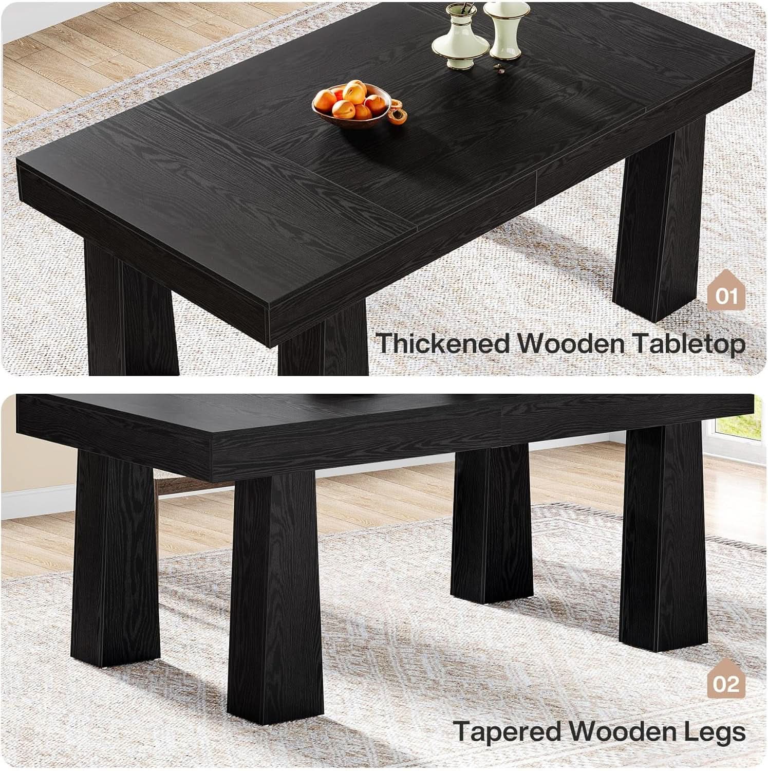 63 Inch Black Rectangular Dining Table With Heavy Duty Legs