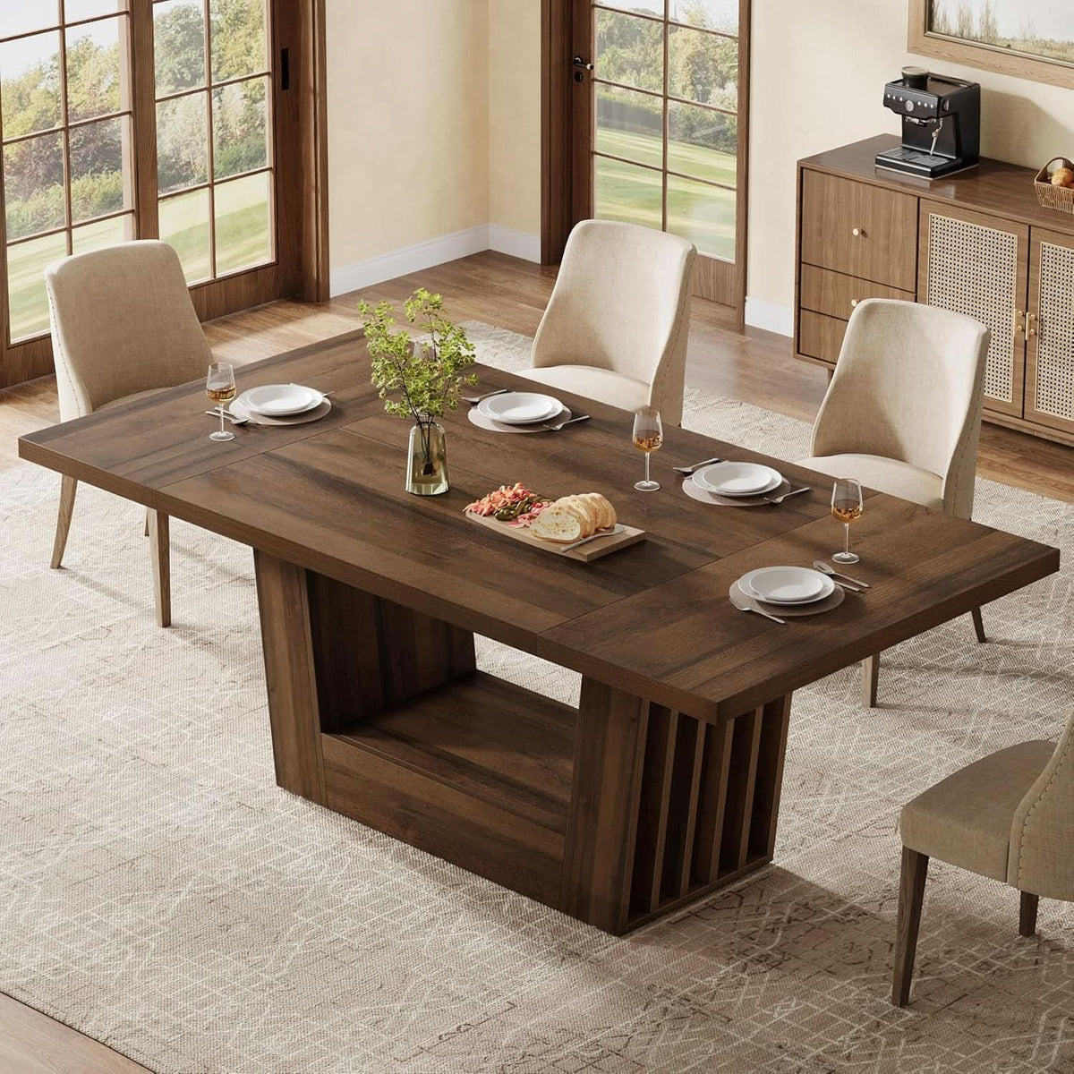 63 Inch Brown Farmhouse Wood Dining Table Heavy Duty Base