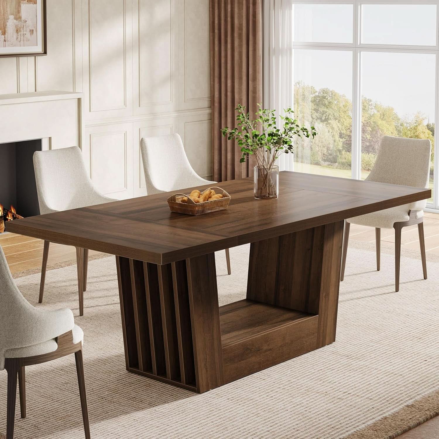 63 Inch Brown Farmhouse Wood Dining Table Heavy Duty Base