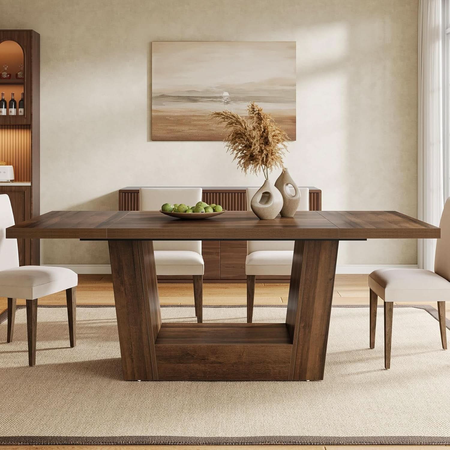 63 Inch Brown Farmhouse Wood Dining Table Heavy Duty Base