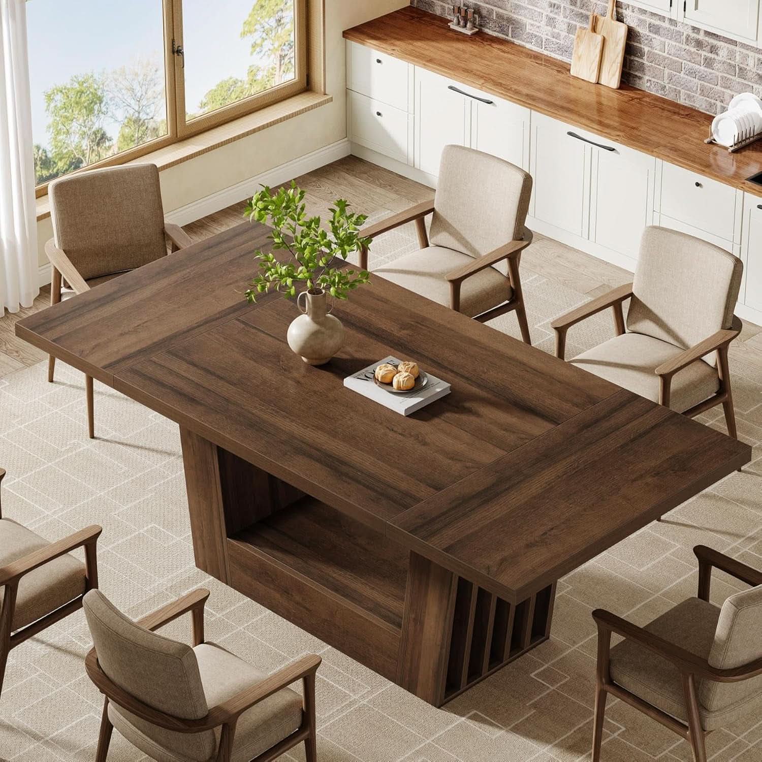 63 Inch Brown Farmhouse Wood Dining Table Heavy Duty Base