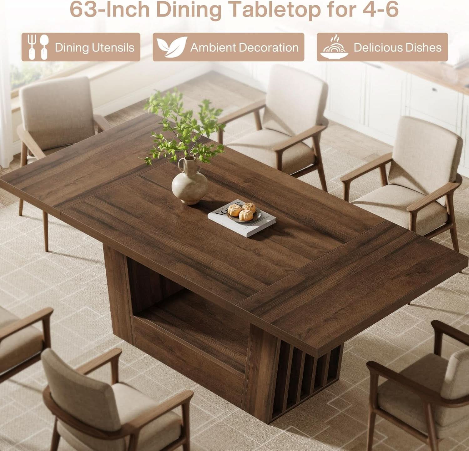 63 Inch Brown Farmhouse Wood Dining Table Heavy Duty Base