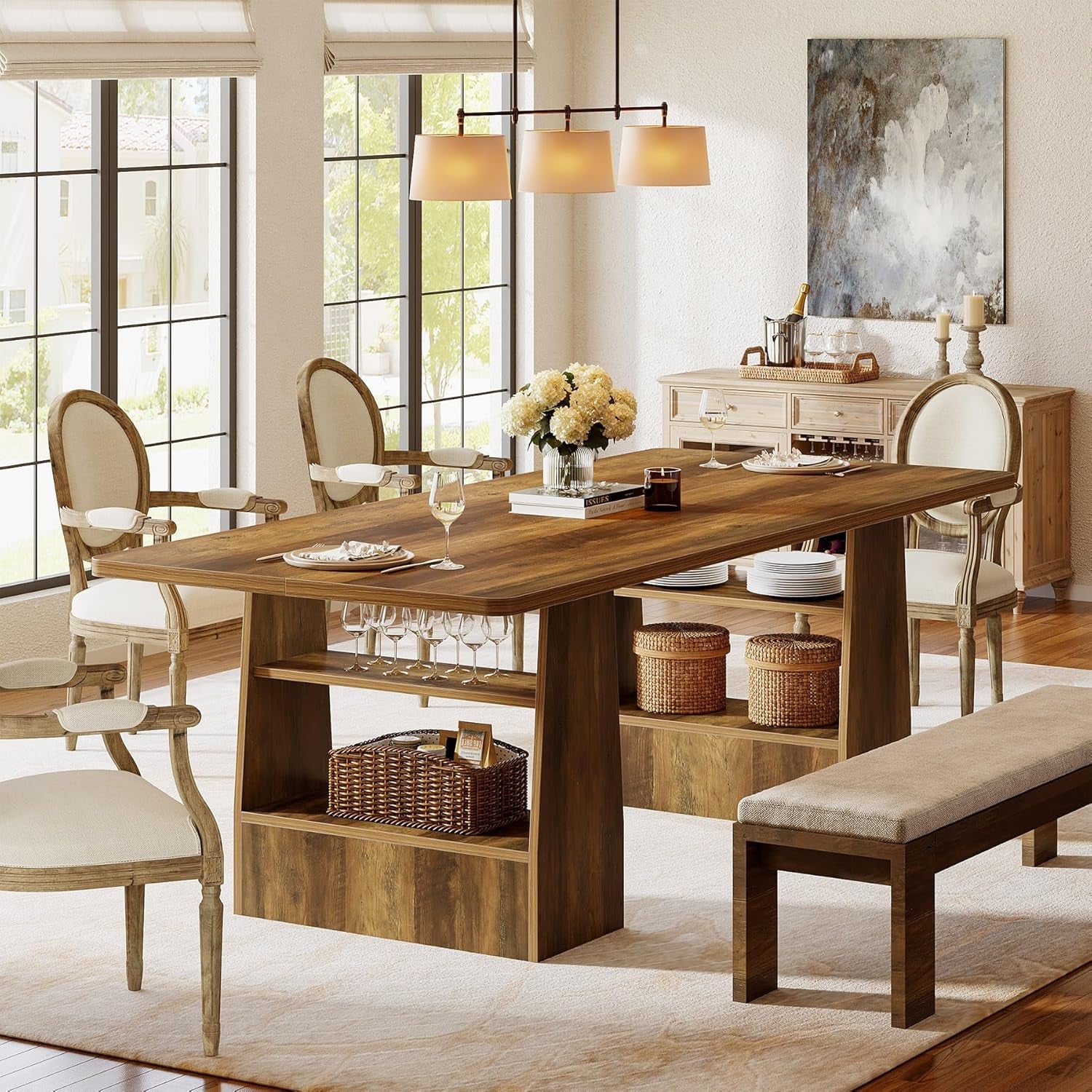 63-Inch Brown Solid Wood Dining Table With Shelves