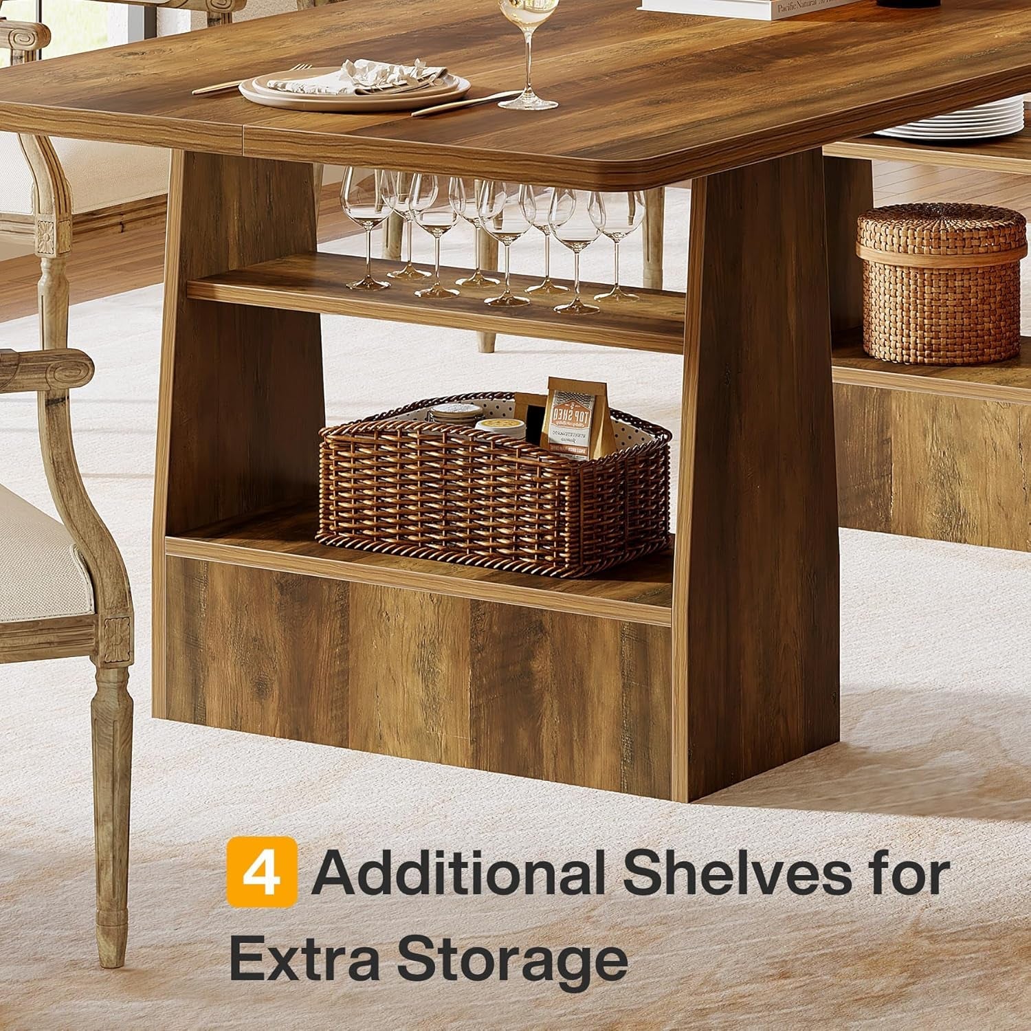 63-Inch Brown Solid Wood Dining Table With Shelves