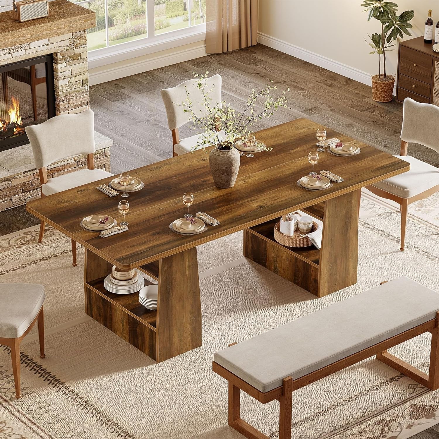 63-Inch Brown Solid Wood Dining Table With Shelves
