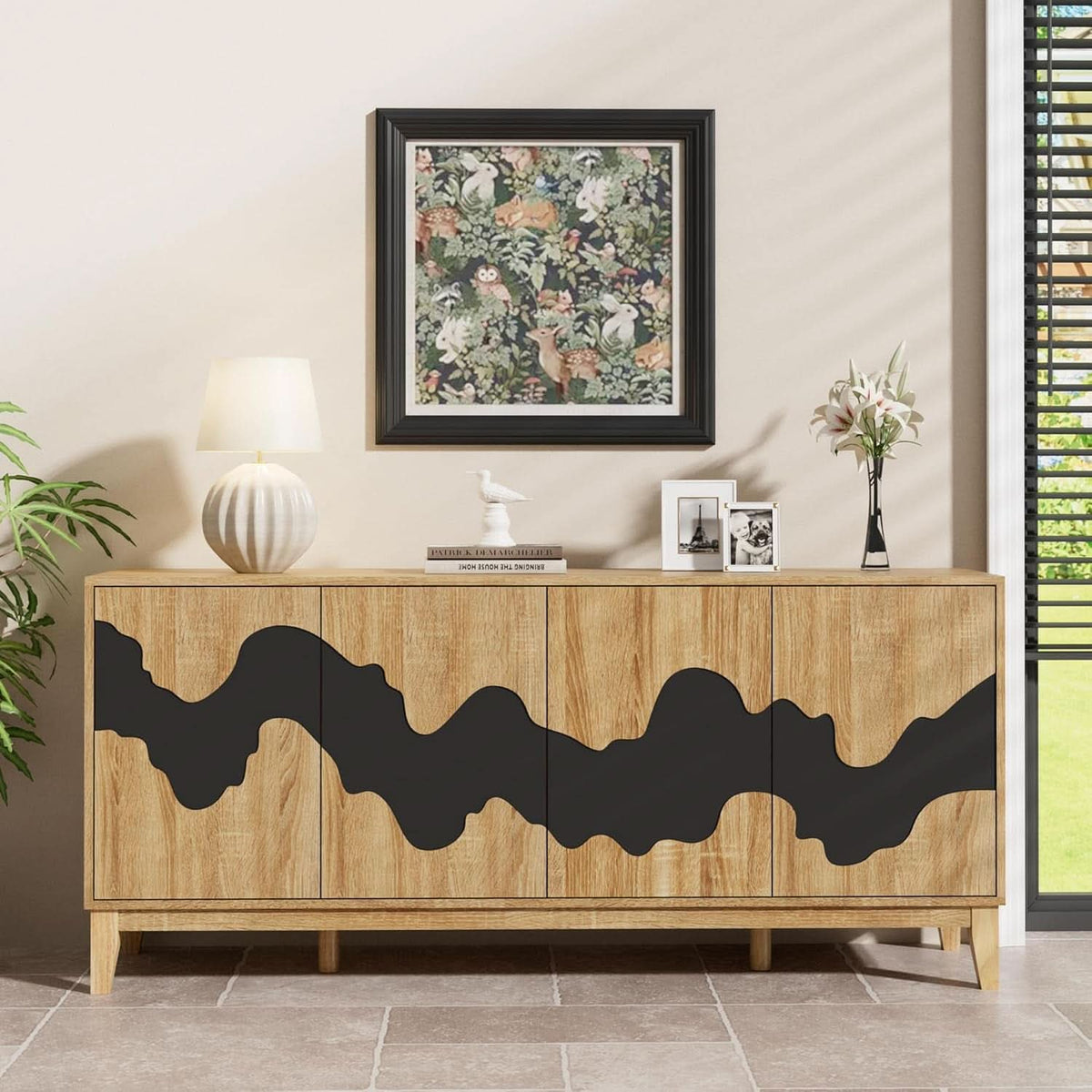 63 Inch Buffet Cabinet White With Blue Water Pattern