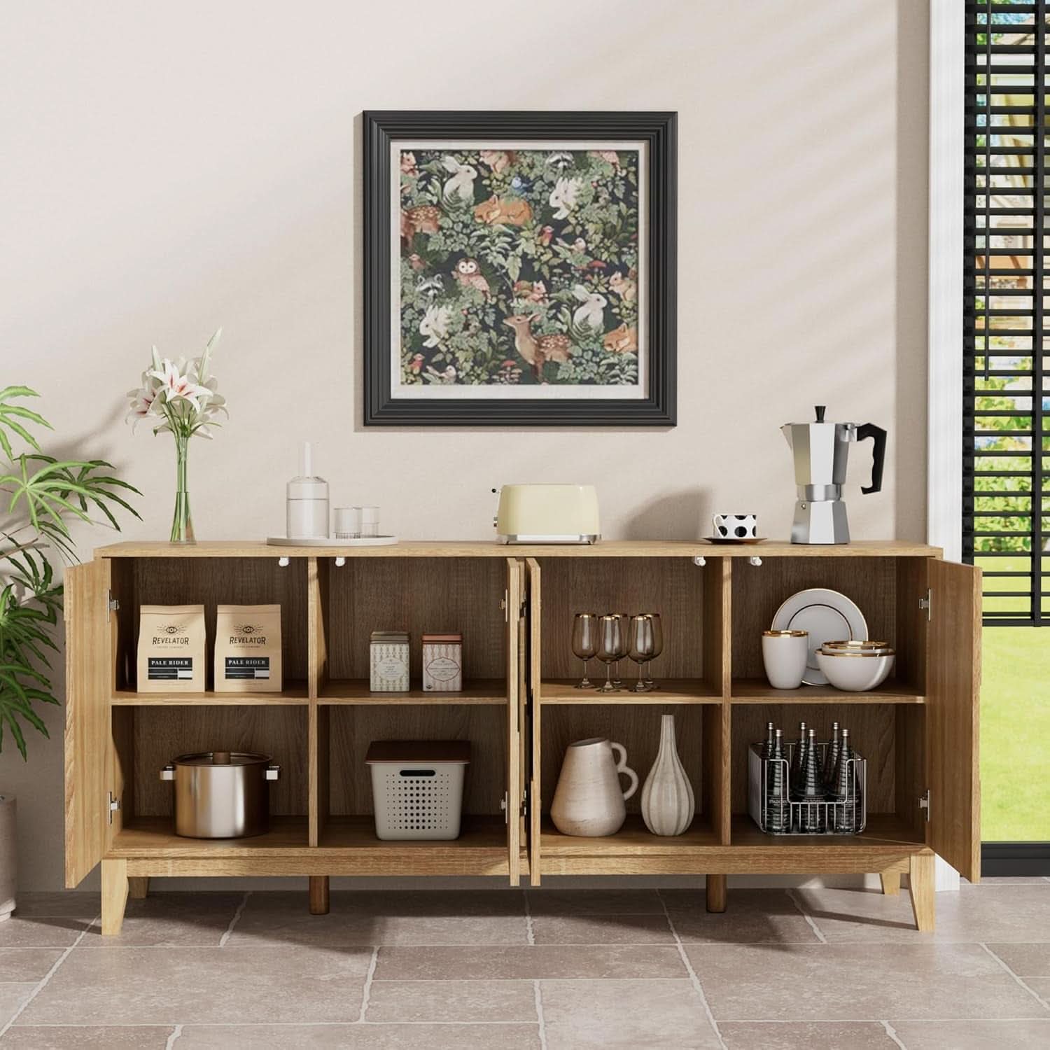 63 Inch Buffet Cabinet White With Blue Water Pattern