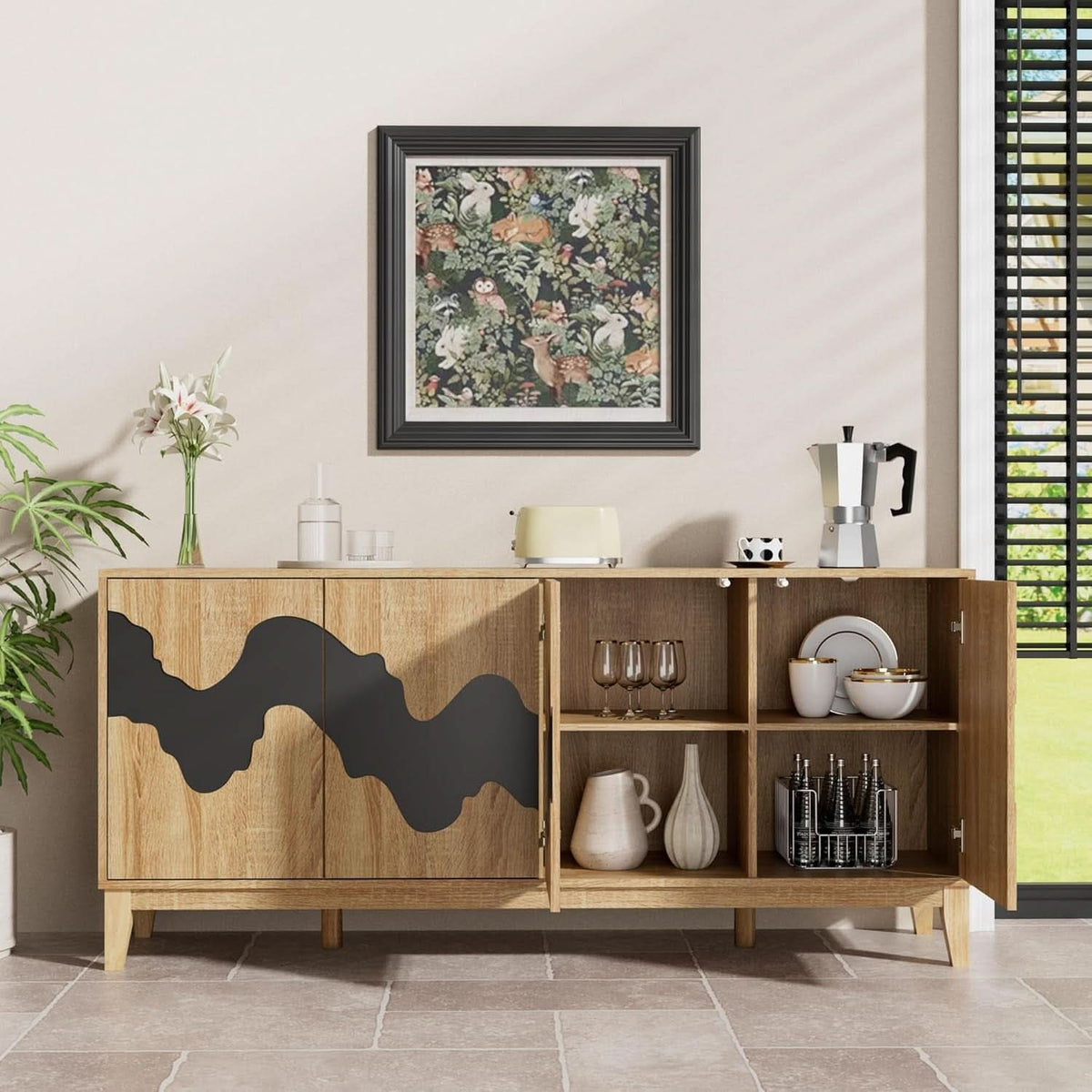 63 Inch Buffet Cabinet White With Blue Water Pattern